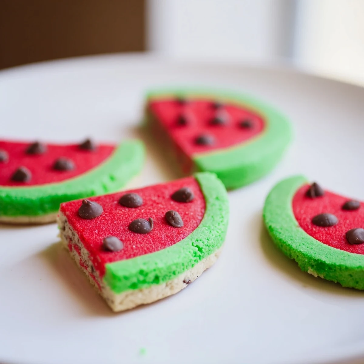 Homemade watermelon slice cookies arranged on a white platter with red centers and green rinds