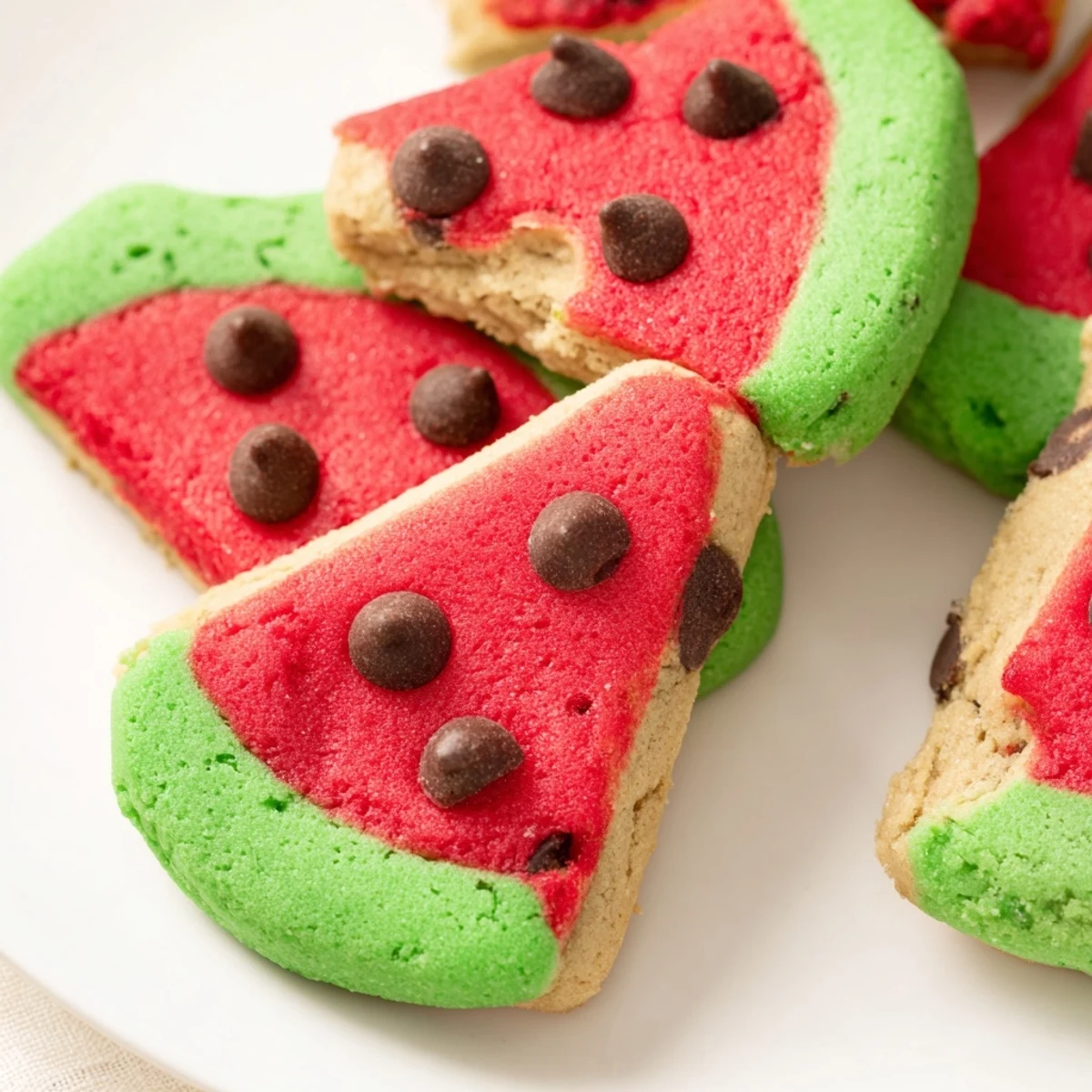 Freshly baked watermelon slice cookies cooling on a wire rack with chocolate chip seed details
