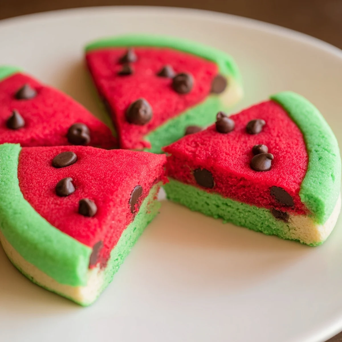 Summer-themed watermelon slice cookies displayed on a wooden cutting board, ready for serving