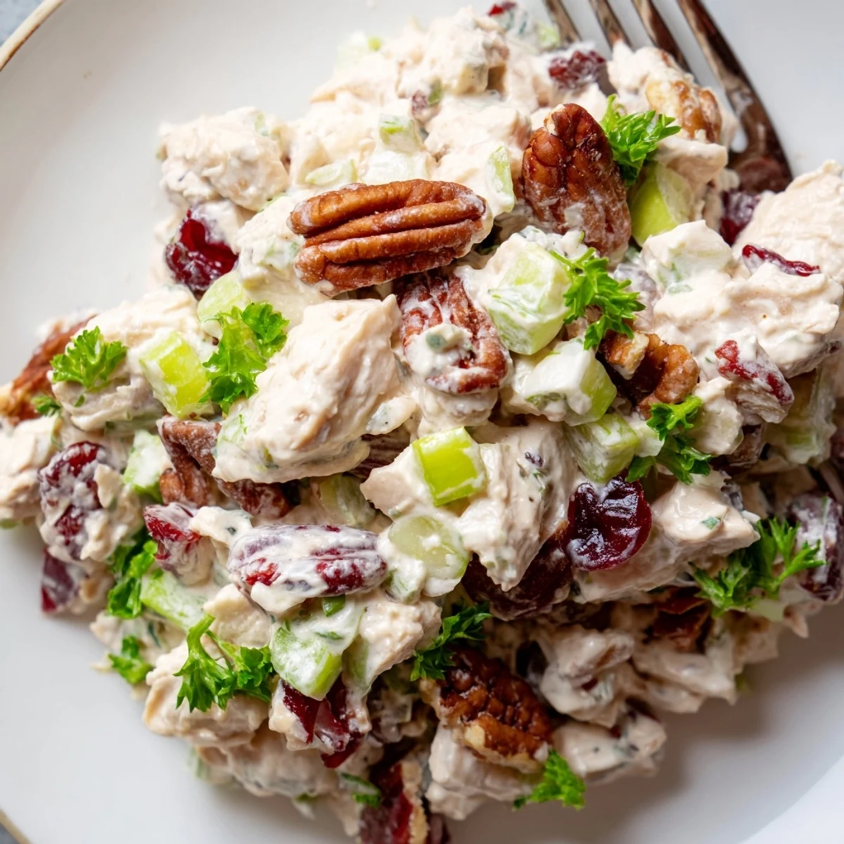 Spoonful of cranberry pecan chicken salad with red cranberries, crunchy pecans, and creamy dressing