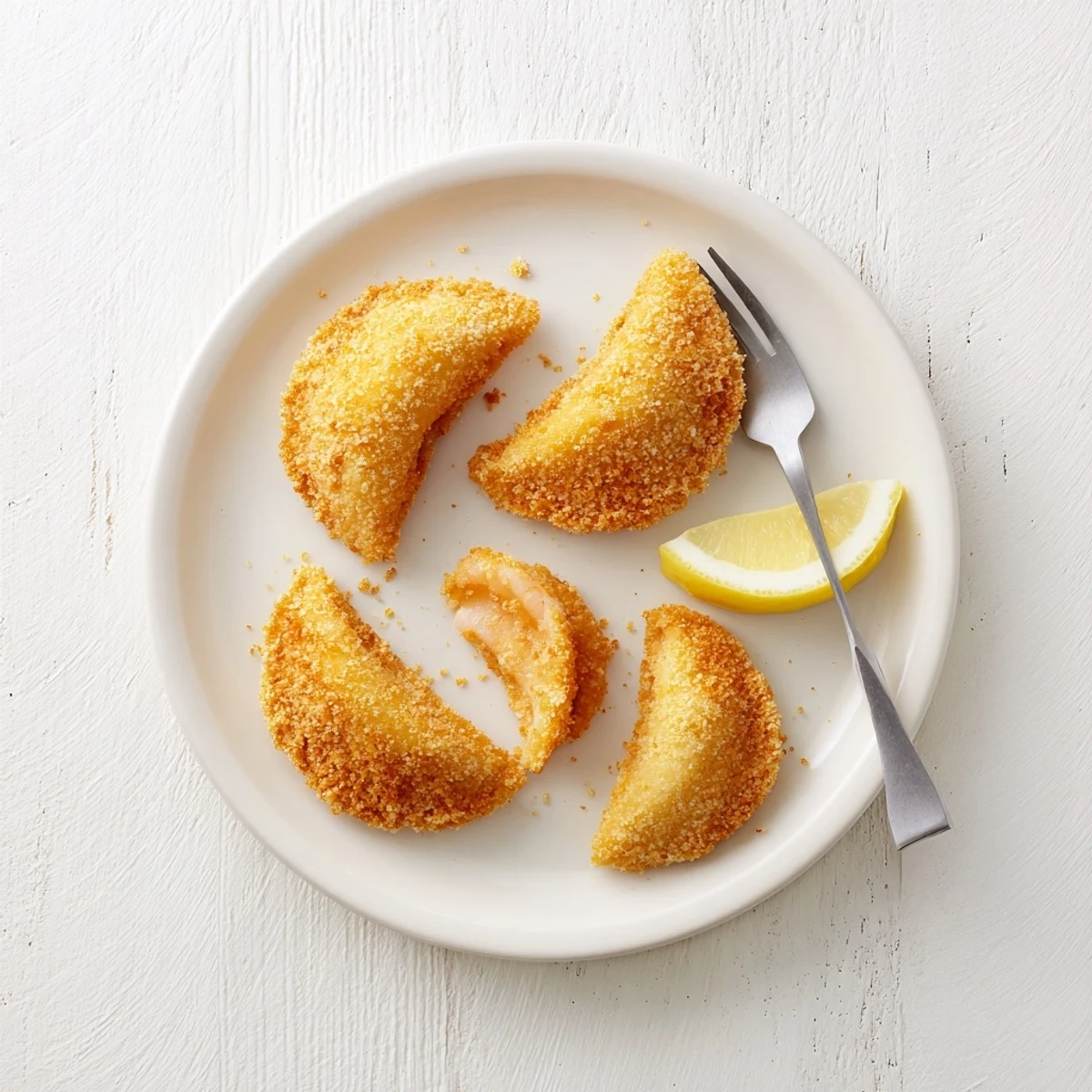 Golden Portuguese shrimp rissois arranged on a white serving plate with fresh parsley garnish