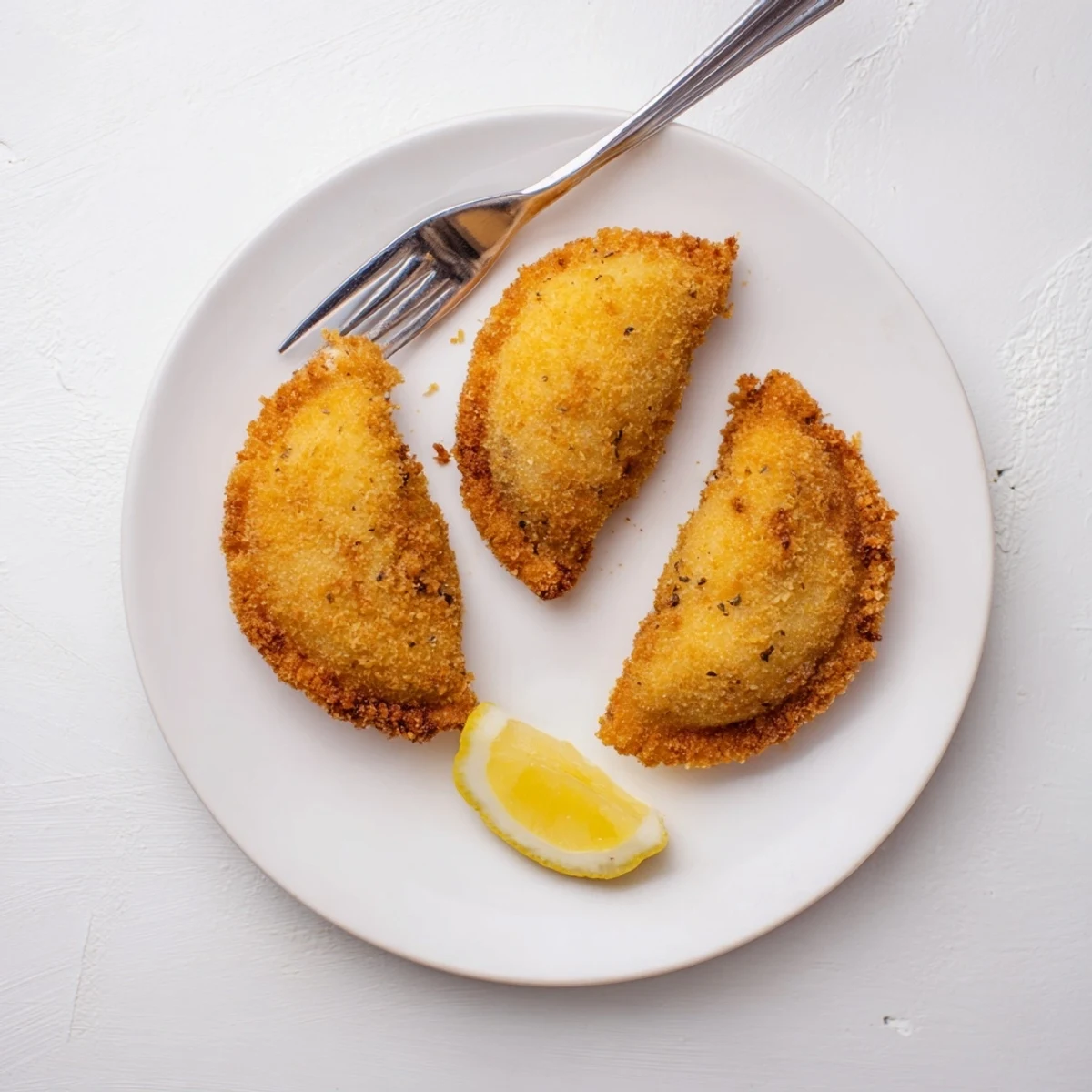 Half-moon shaped Portuguese shrimp rissois displaying crispy breadcrumb coating and creamy seafood filling