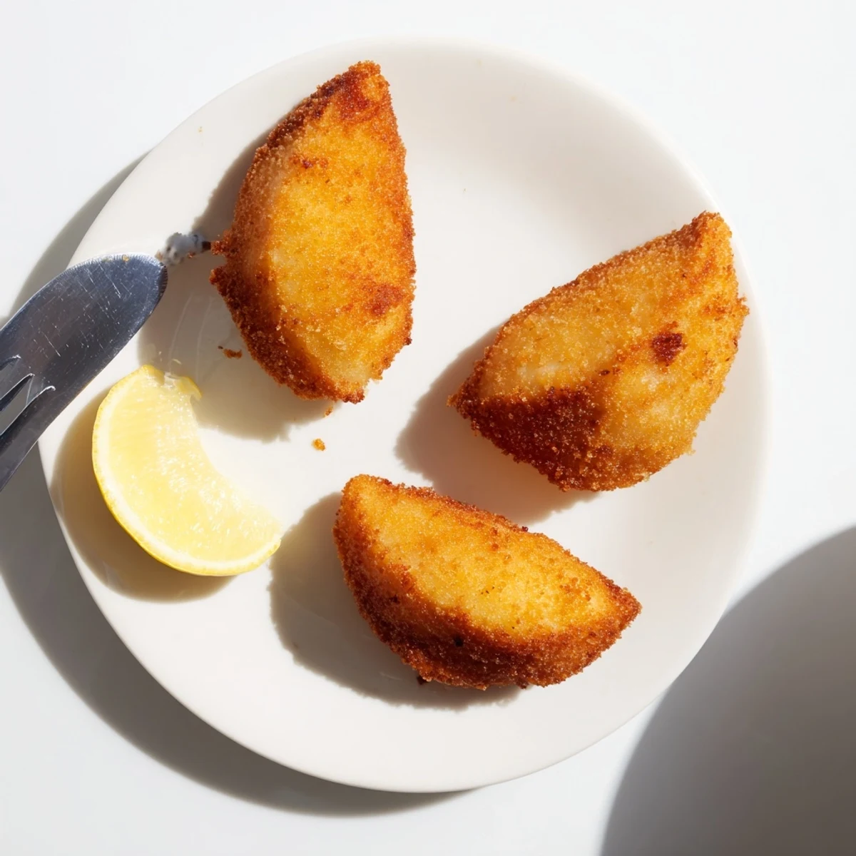 Plate of fried Portuguese shrimp rissois with lemon wedges ready for appetizer serving