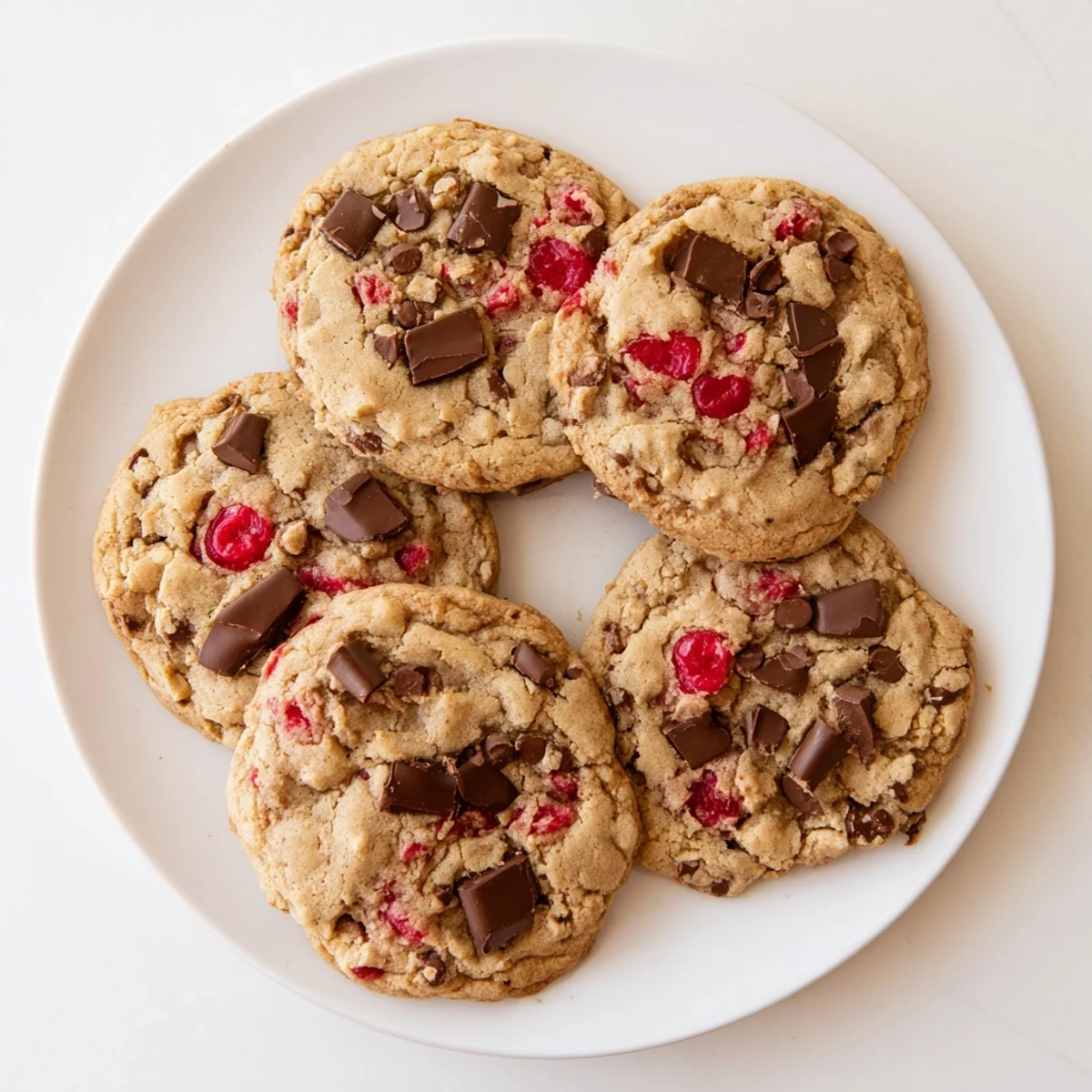 Golden brown maraschino cherry chocolate chip cookies on a cooling rack with melted chocolate visible