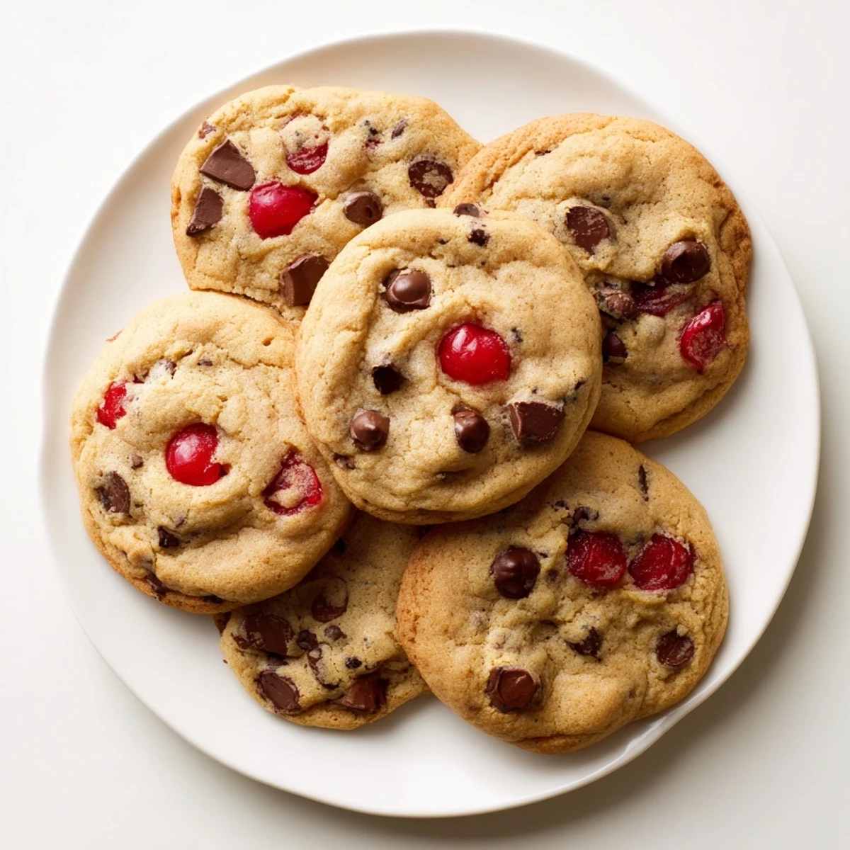 Stack of chewy maraschino cherry chocolate chip cookies on a white plate with cherry halves on top