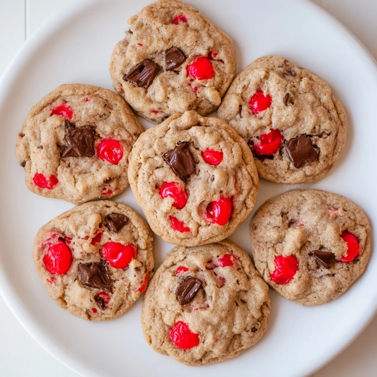 Soft baked maraschino cherry chocolate chip cookies studded with bright red cherries and dark chocolate chunks