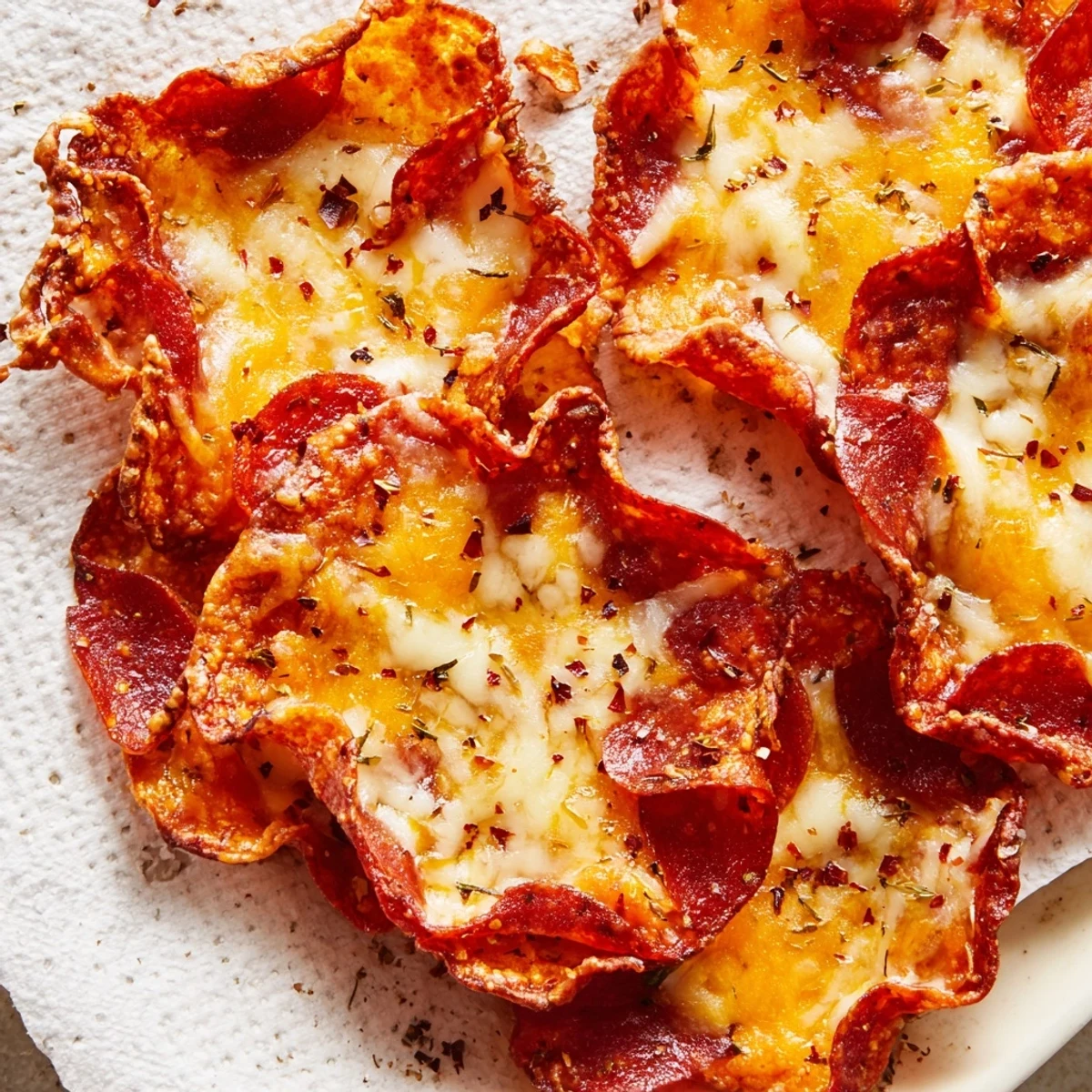 Golden crispy pepperoni cheese chips with bubbling melted cheddar and mozzarella on a baking sheet