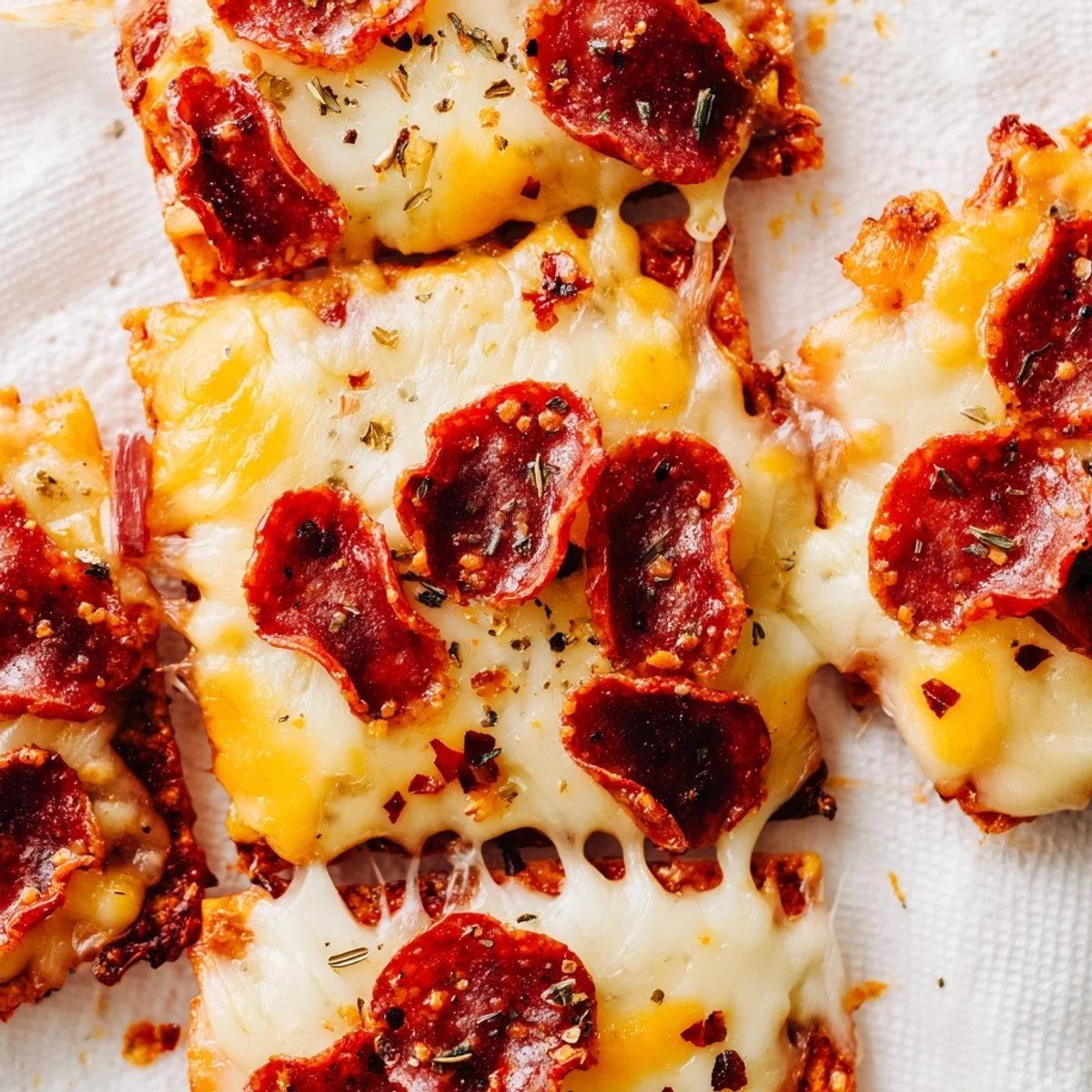Crispy baked pepperoni topped with melted cheese ready to serve as a gluten-free snack