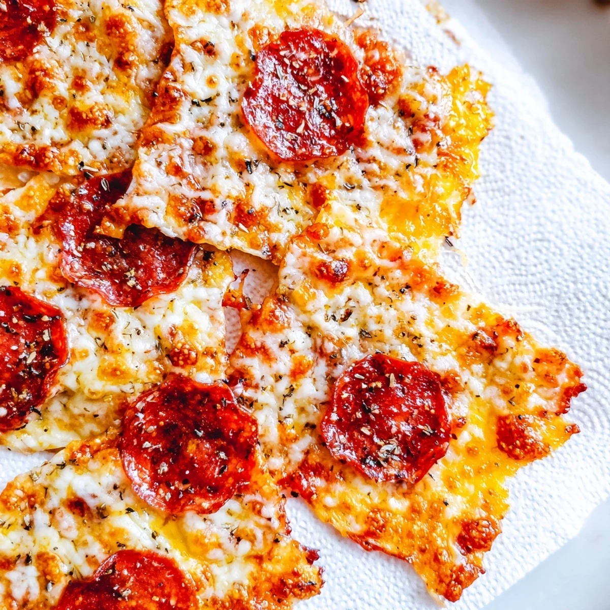 Savory low-cart pepperoni cheese chips arranged on a serving plate with optional Italian herb seasoning