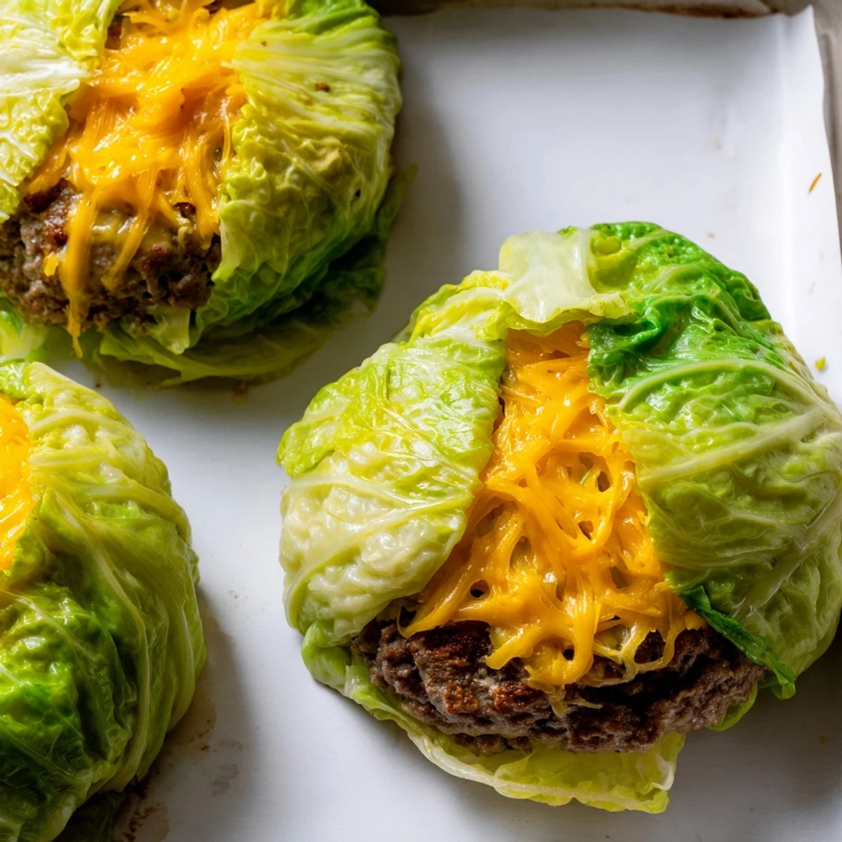 Golden oven baked cabbage burger with juicy ground beef wrapped in tender green cabbage leaves on a white baking sheet