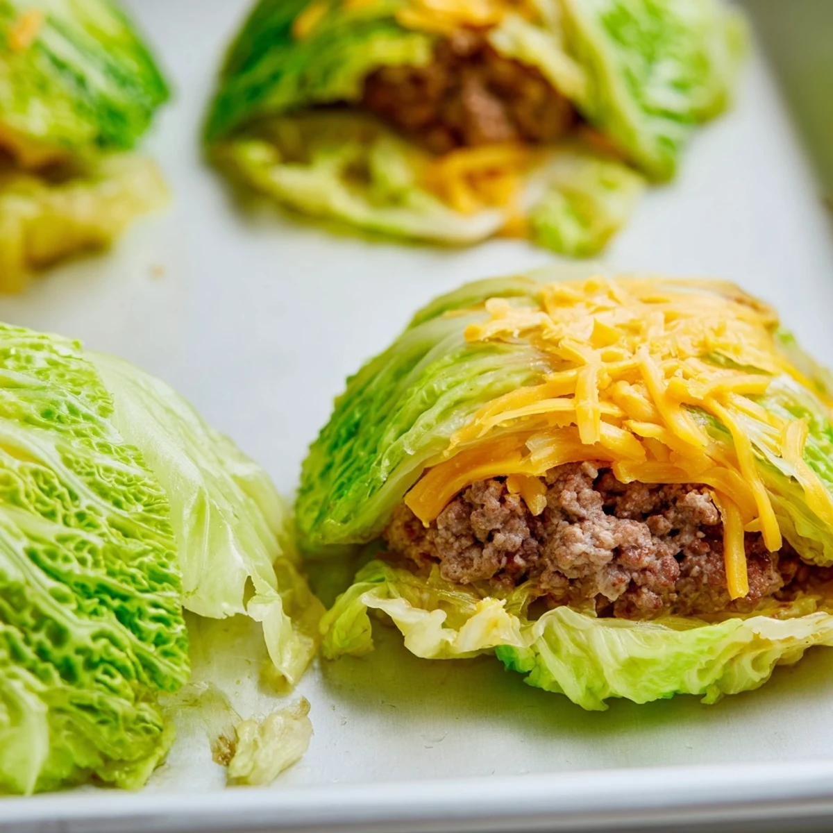 Delicious oven baked cabbage burger plated whole, featuring cabbage-wrapped beef patty brushed with olive oil and ready to serve