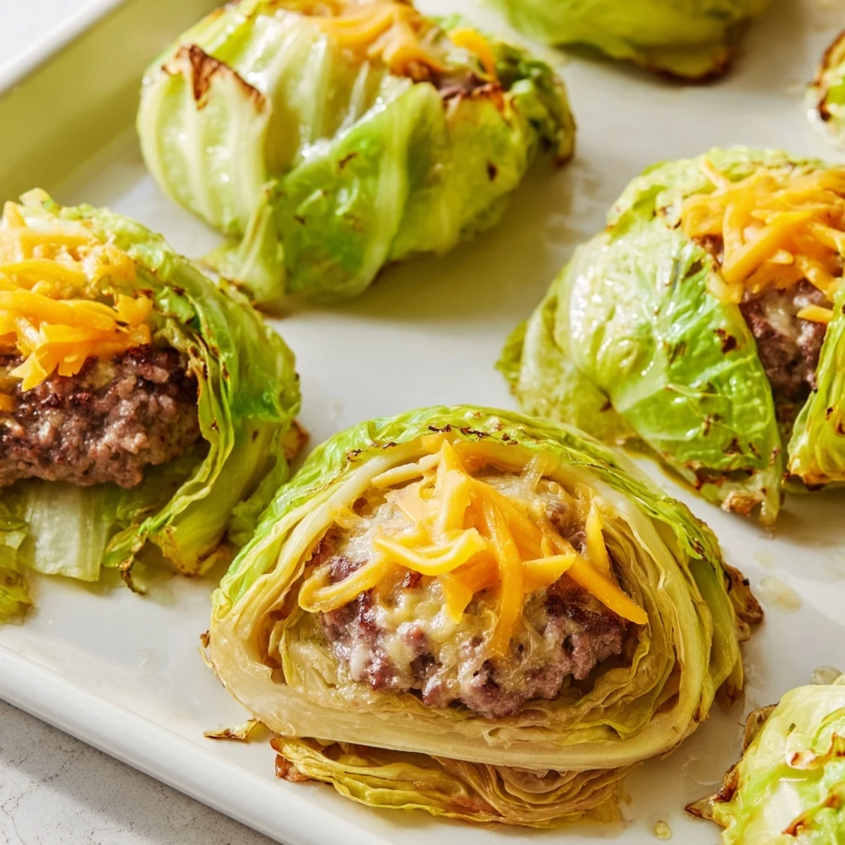 Savory low carb oven baked cabbage burger showcasing meat patty encased in lightly browned cabbage with cheddar cheese visible