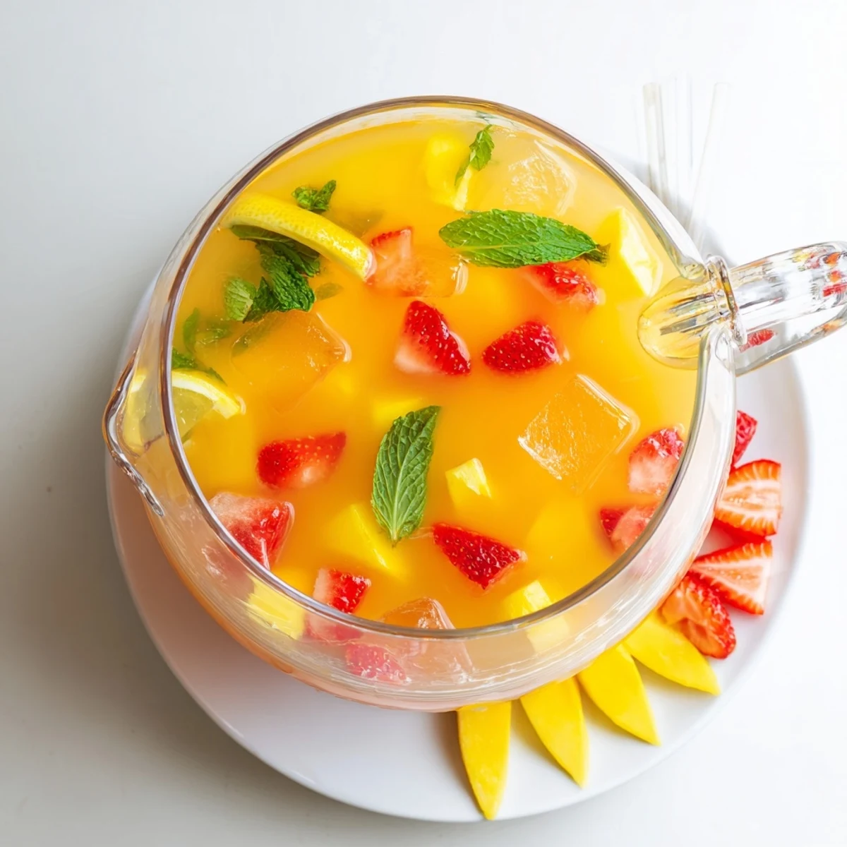 Golden mango strawberry lemonade served in a glass pitcher with fresh mint and ice cubes