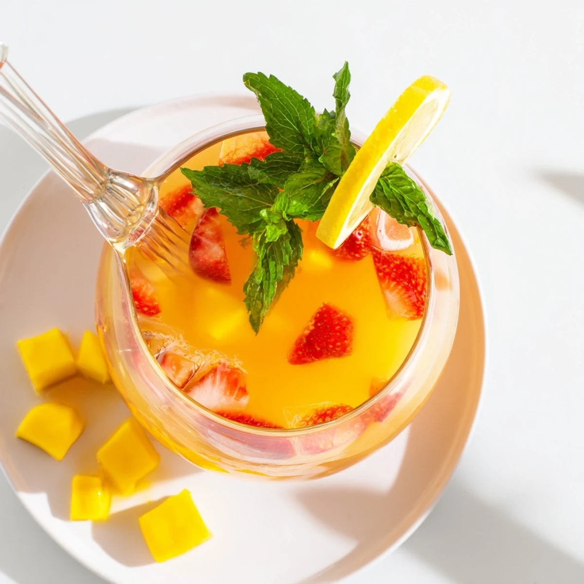 Refreshing mango strawberry lemonade in a tall glass with floating strawberry and mango pieces on ice