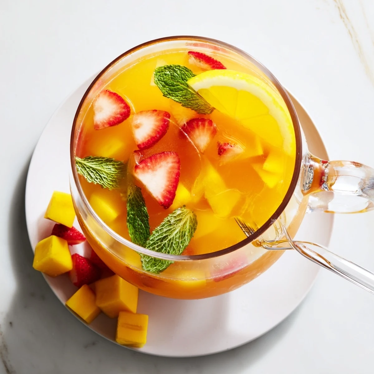 Vibrant yellow mango strawberry lemonade chilling in mason jars garnished with colorful fruit slices