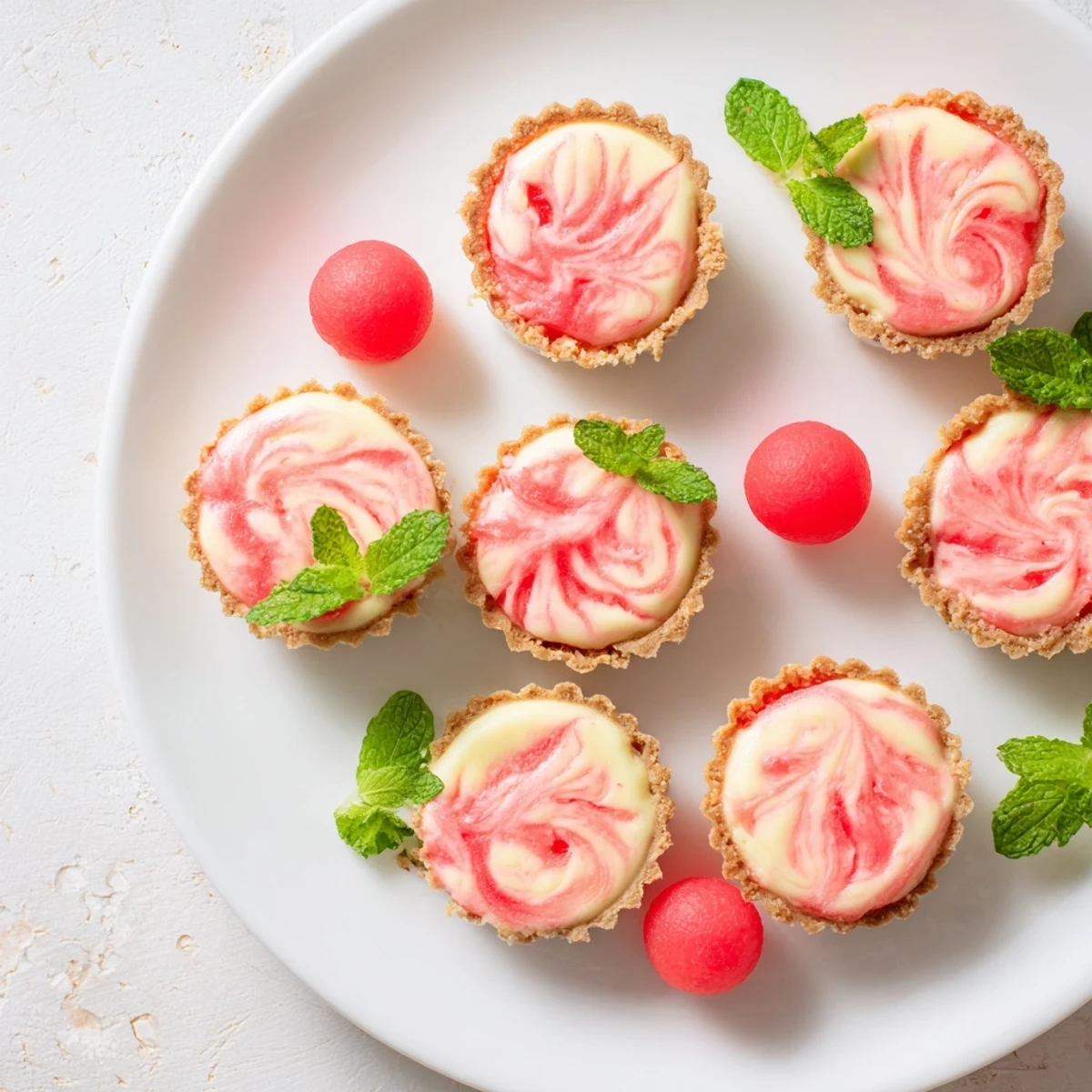 Frozen watermelon lemon cream tarts in graham cracker shells with swirled pink layers and fresh mint garnish