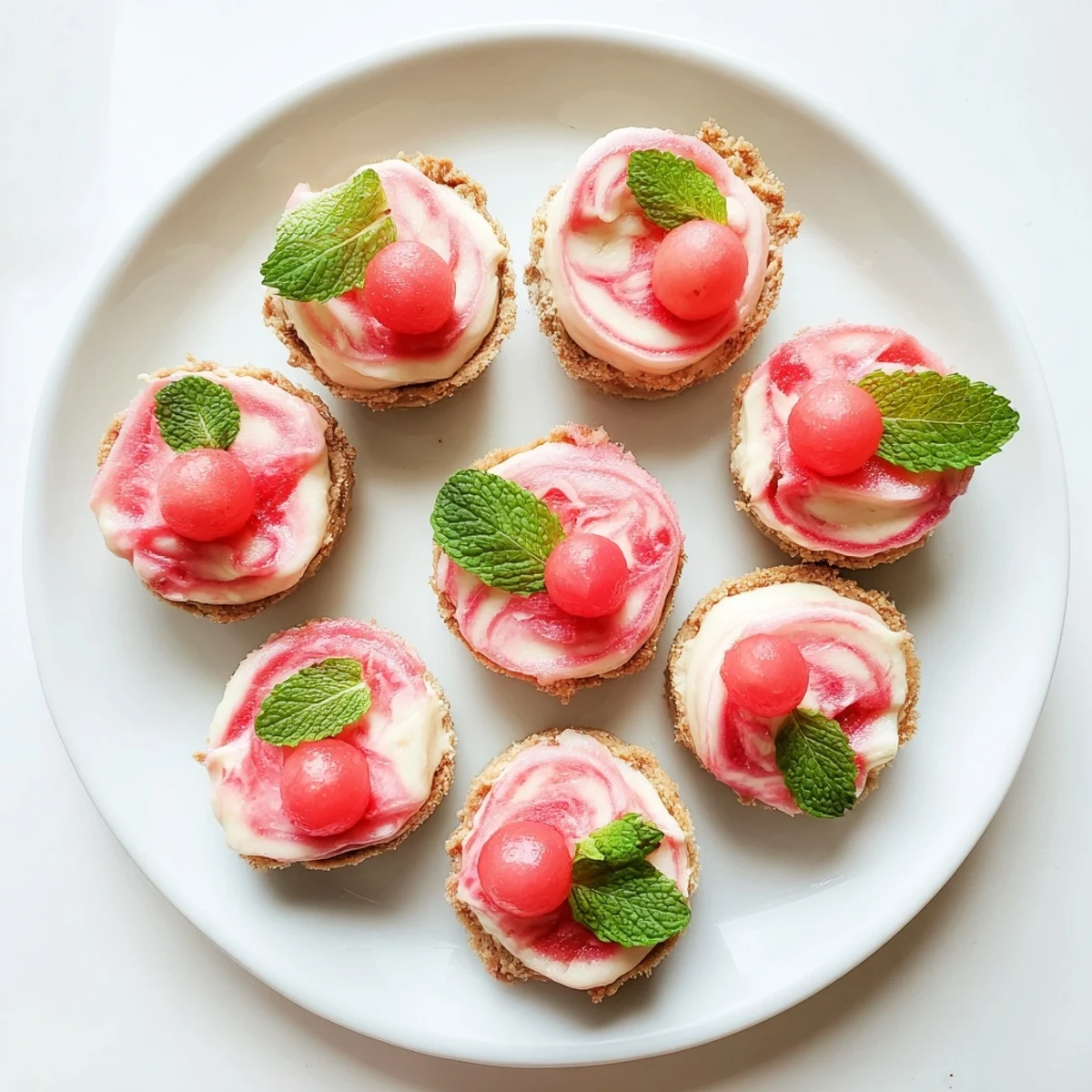 Individual frozen watermelon lemon cream tarts on white plate featuring vibrant marbled fruit and citrus filling