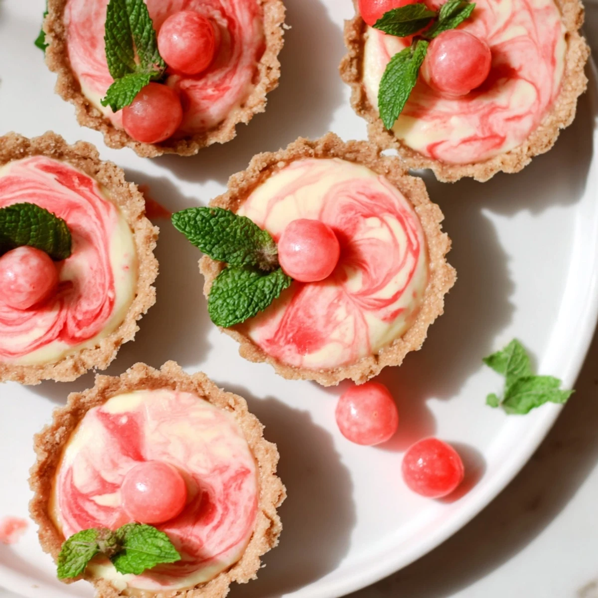 Close-up of frozen watermelon lemon cream tarts topped with watermelon balls and lemon zest on rustic wooden board