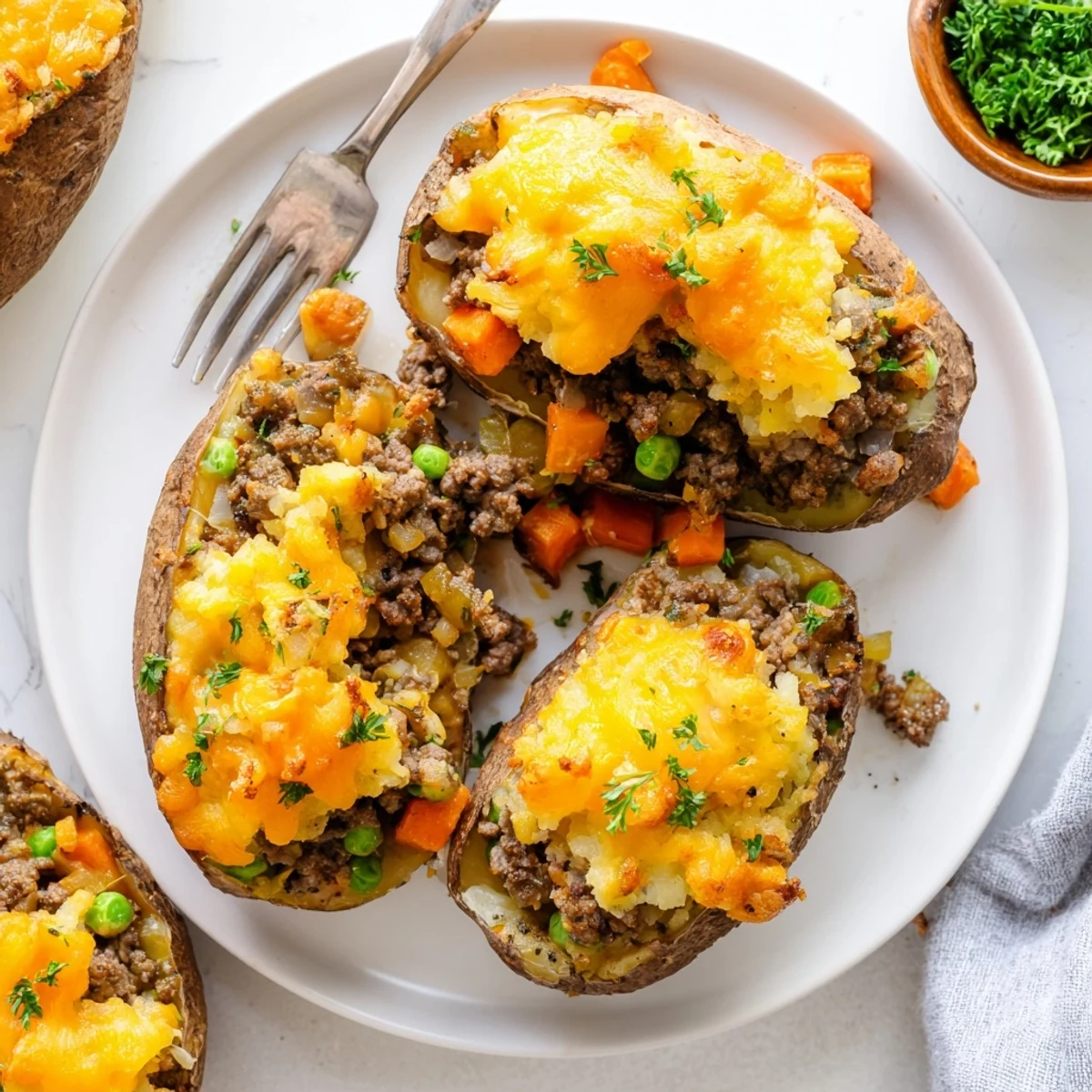 Golden Shepherd's Pie baked potato topped with fluffy mashed crust and fresh parsley garnish