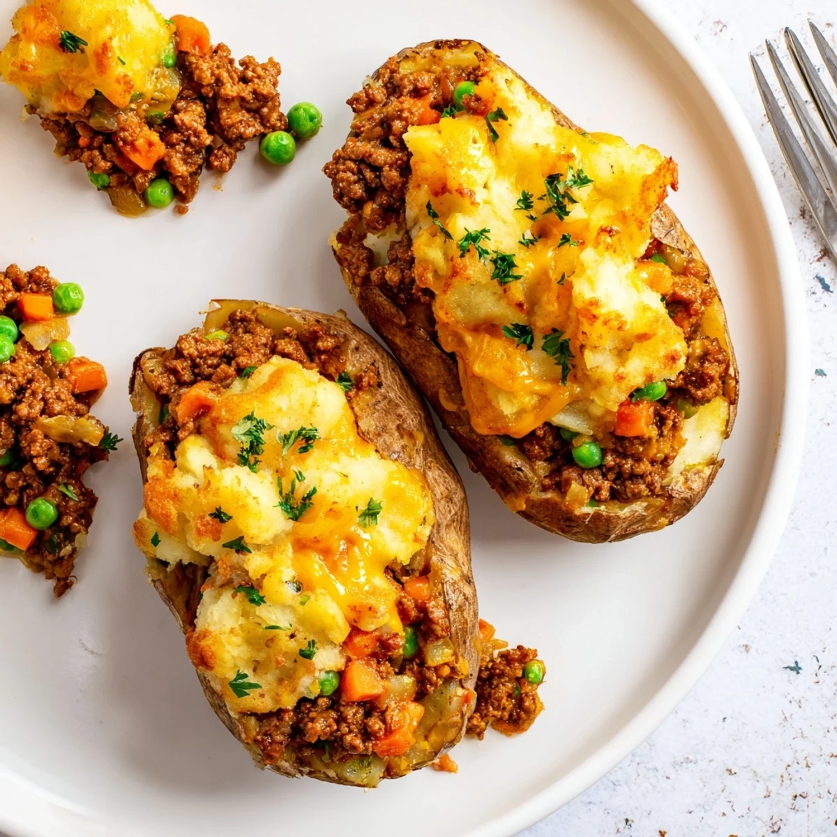 Fluffy russet potato filled with seasoned ground lamb shepherd's pie mixture and golden mashed crown