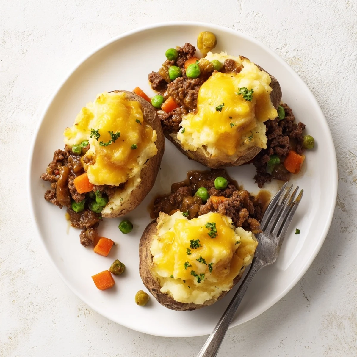 Hearty lamb and vegetable stuffed baked potato with creamy mashed potato topping, steaming hot