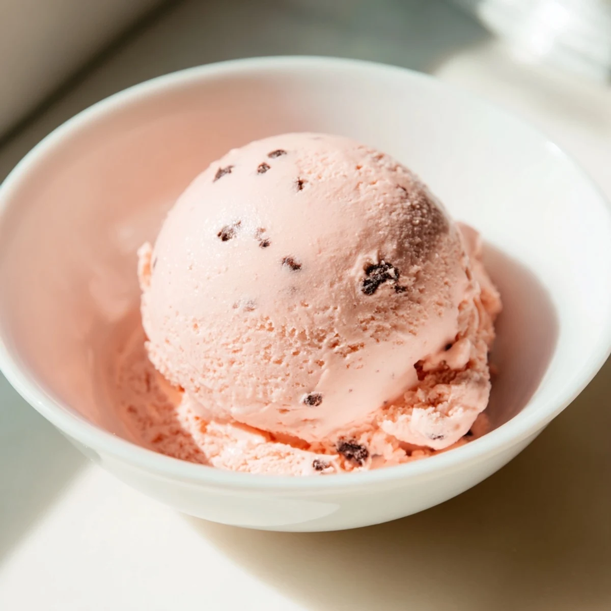 Pink scoops of watermelon ice cream garnished with fresh mint in a glass bowl