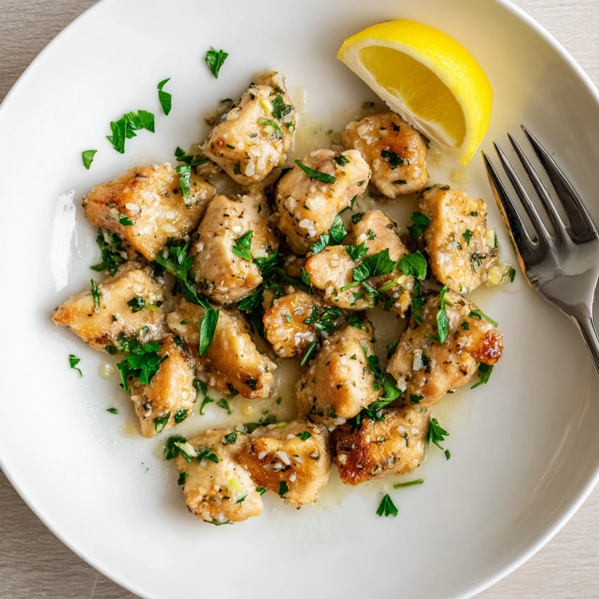 Golden brown garlic butter chicken bites served in a white bowl with fresh parsley garnish