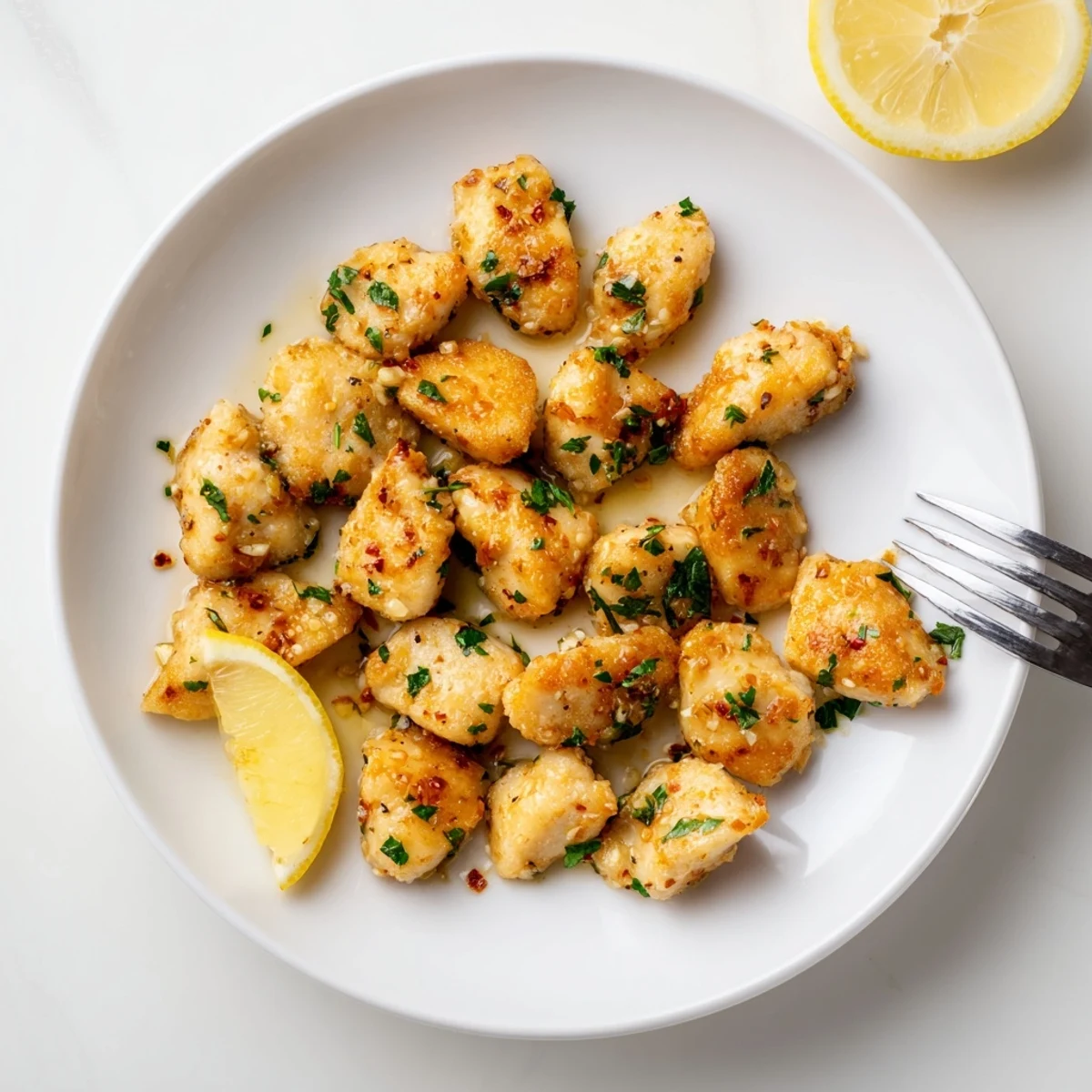 Succulent chicken pieces sizzling in a rich buttery garlic sauce with chopped herbs sprinkled on top