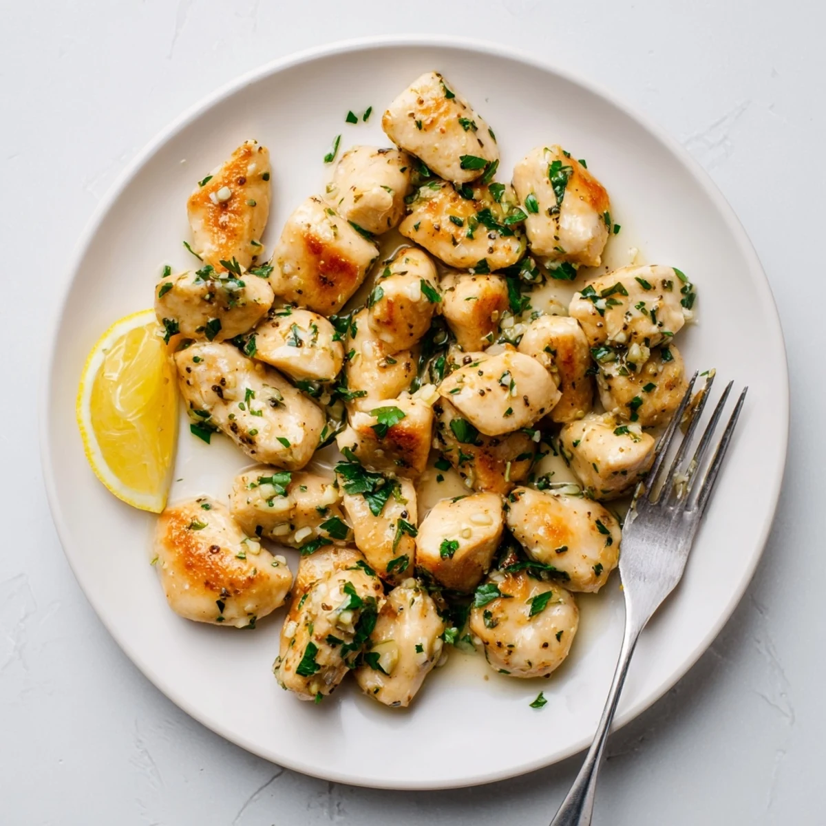 Tender golden chicken bites coated in melted garlic butter sauce and garnished with fresh green parsley