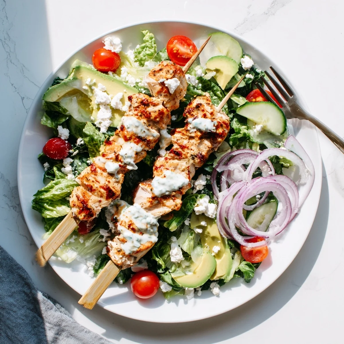 Golden BBQ chicken skewers resting on crisp greens with creamy herby ranch drizzle