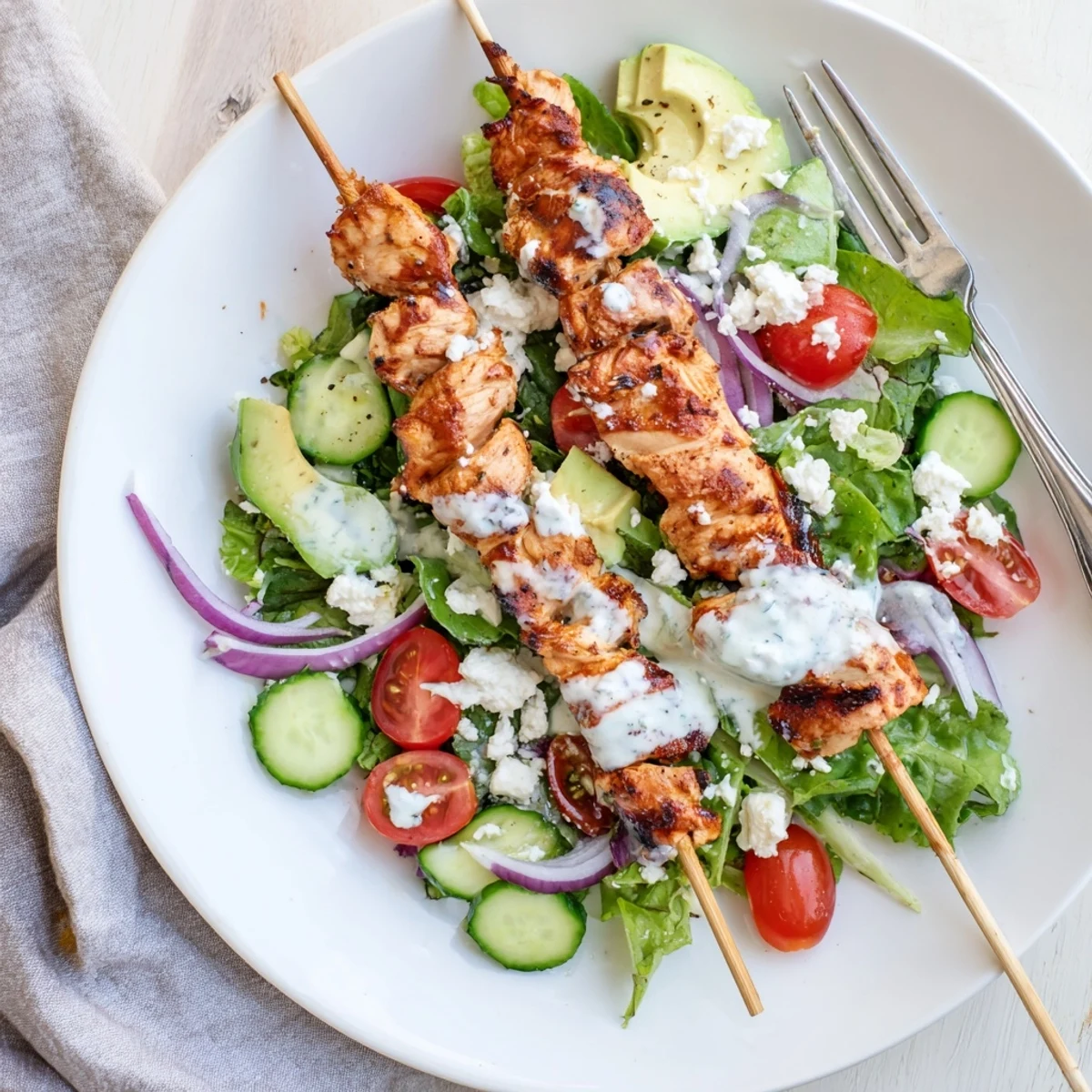 Vibrant BBQ chicken skewer salad featuring charred juicy chicken atop fresh vegetables and tangy dressing