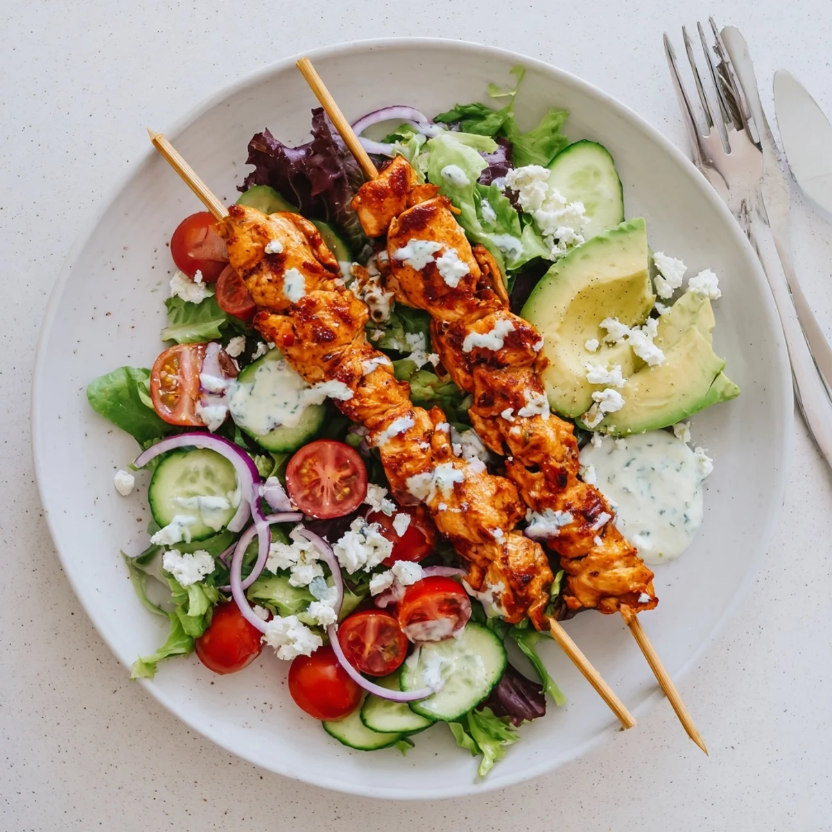 Grilled BBQ chicken skewers arranged over colorful salad greens with avocado and herb ranch