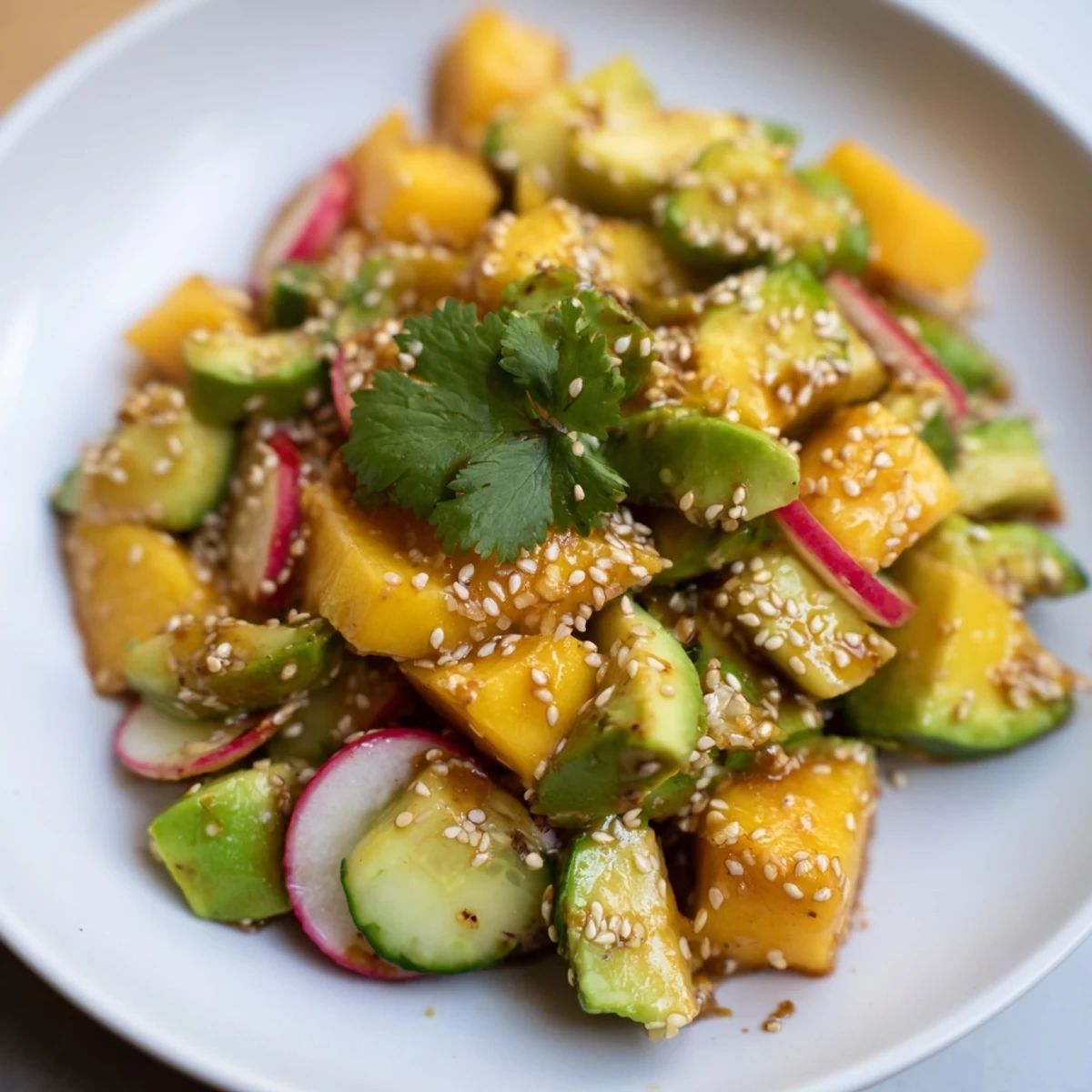 Fresh avocado mango poke salad bowl topped with sesame seeds and vibrant vegetables