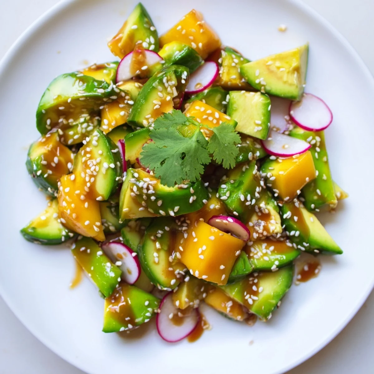 Colorful Hawaiian-inspired avocado mango poke salad with creamy avocado and sweet mango chunks