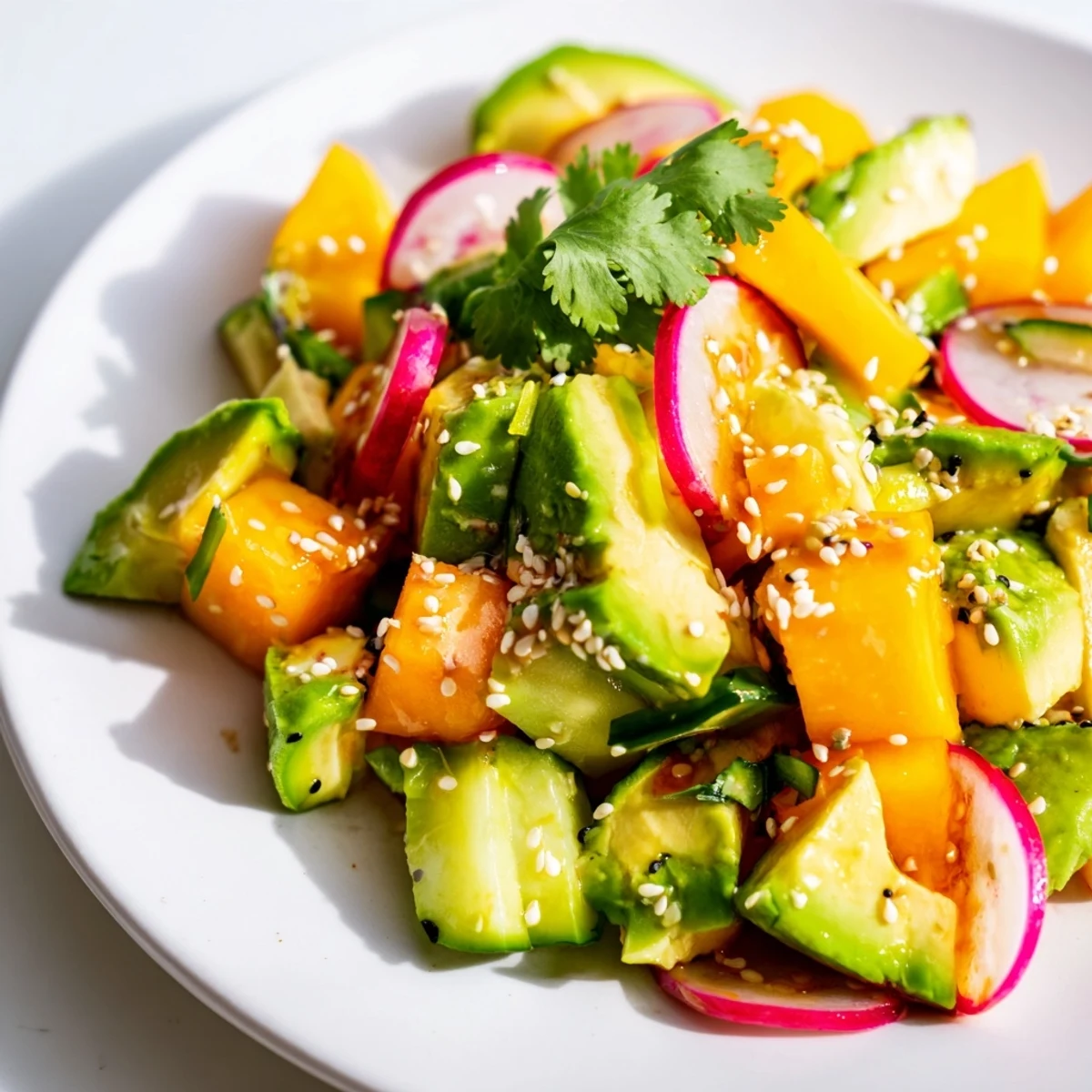 Tropical avocado mango poke salad featuring fresh diced ingredients in light sesame dressing