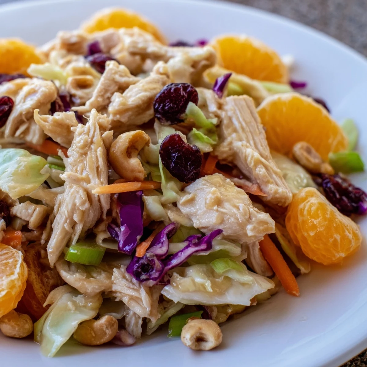 Colorful Asian chicken cranberry salad bowl with shredded cabbage, carrots, and mandarin oranges