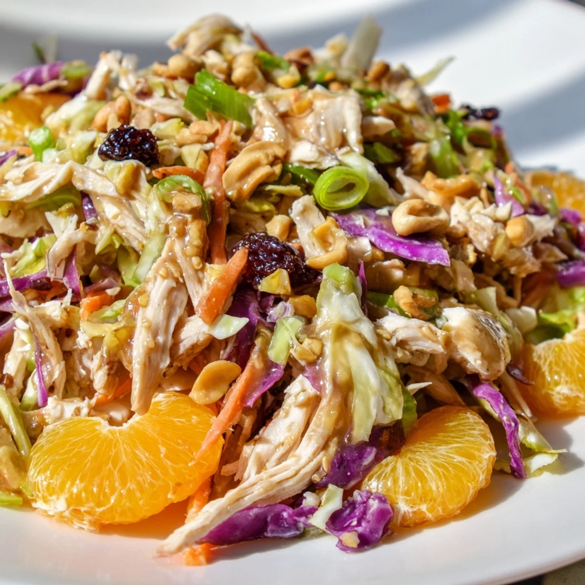 Vibrant Asian chicken cranberry salad plated with roasted cashews and sesame dressing drizzle