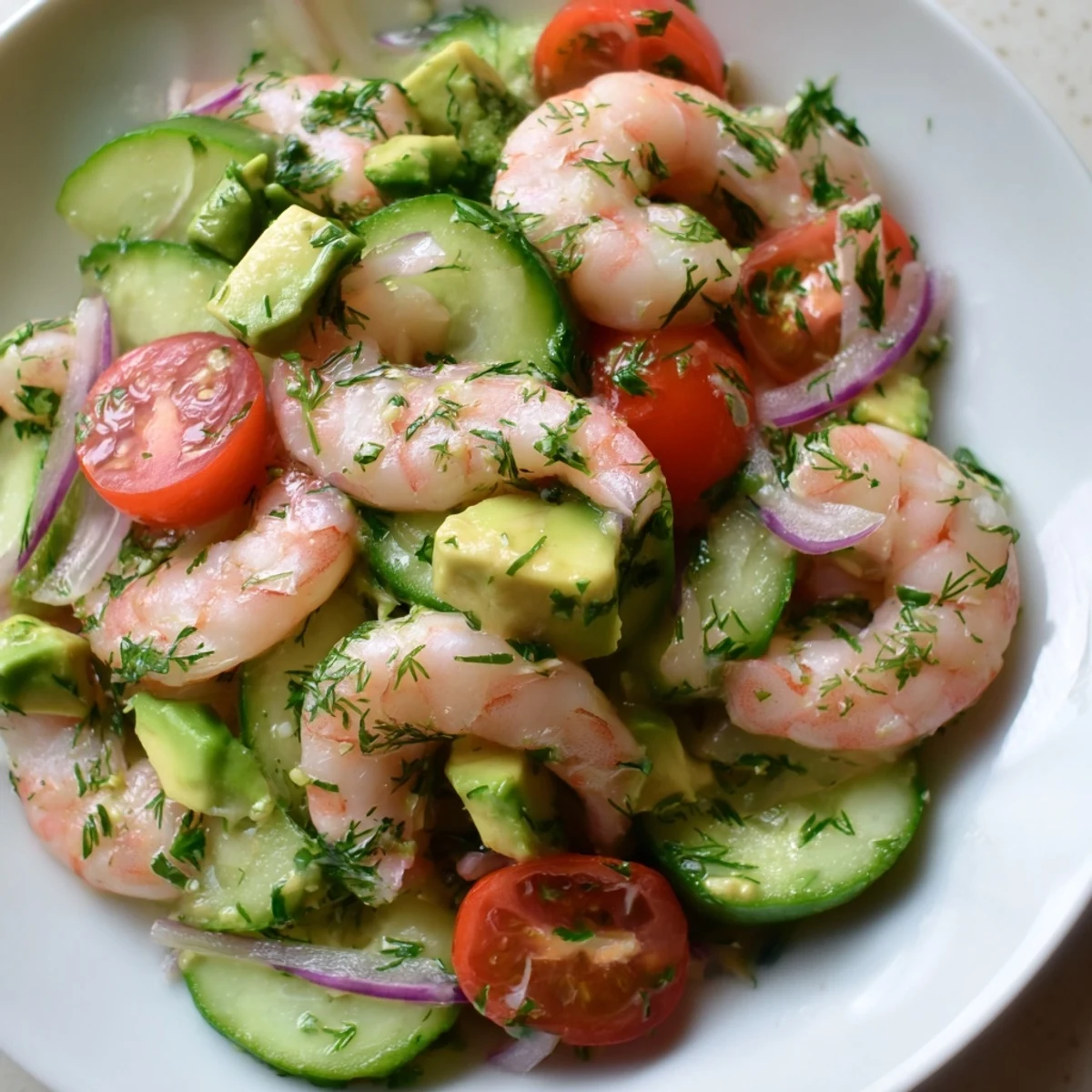 Fresh cucumber shrimp salad bowl with crisp vegetables, herbs, and zesty lemon dressing