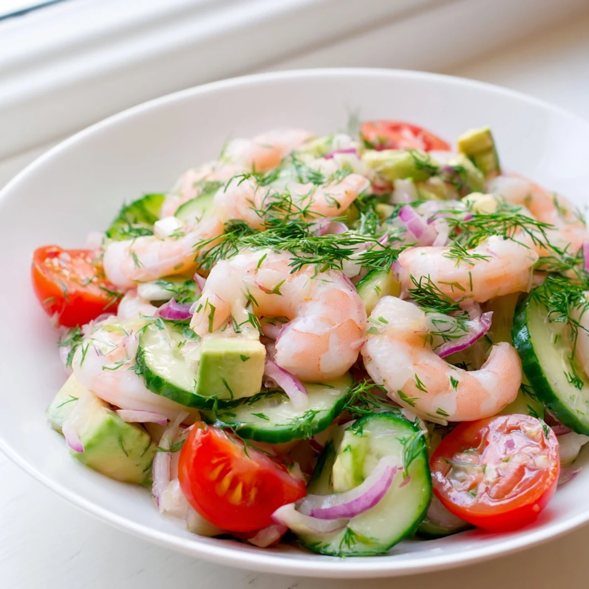 Glowing plate of succulent shrimp tossed with sliced cucumbers, avocado, and citrus vinaigrette