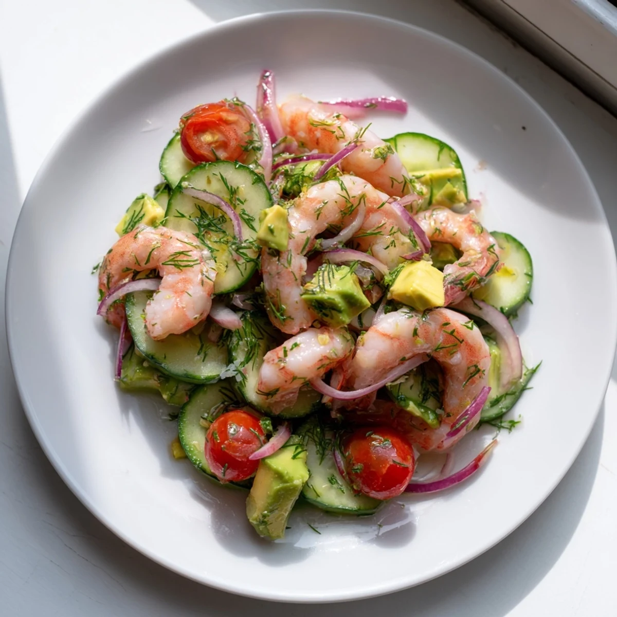 Vibrant cucumber shrimp salad featuring cherry tomatoes, red onion, and fresh dill garnish