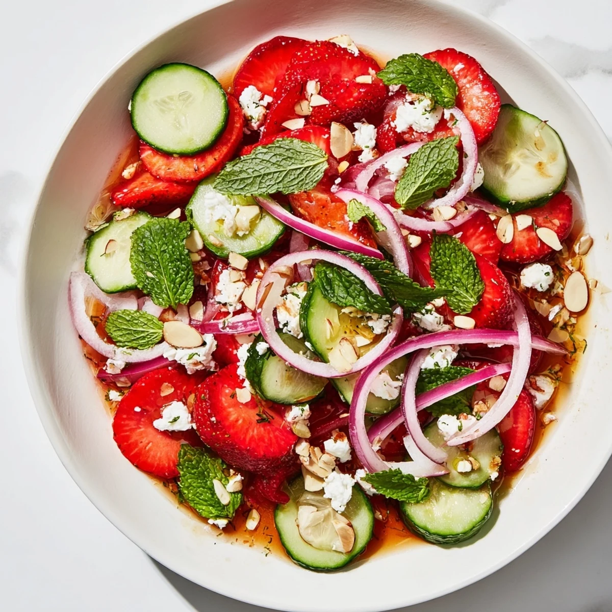Colorful strawberry cucumber salad topped with crumbled feta cheese almonds and fresh mint on a rustic wooden table