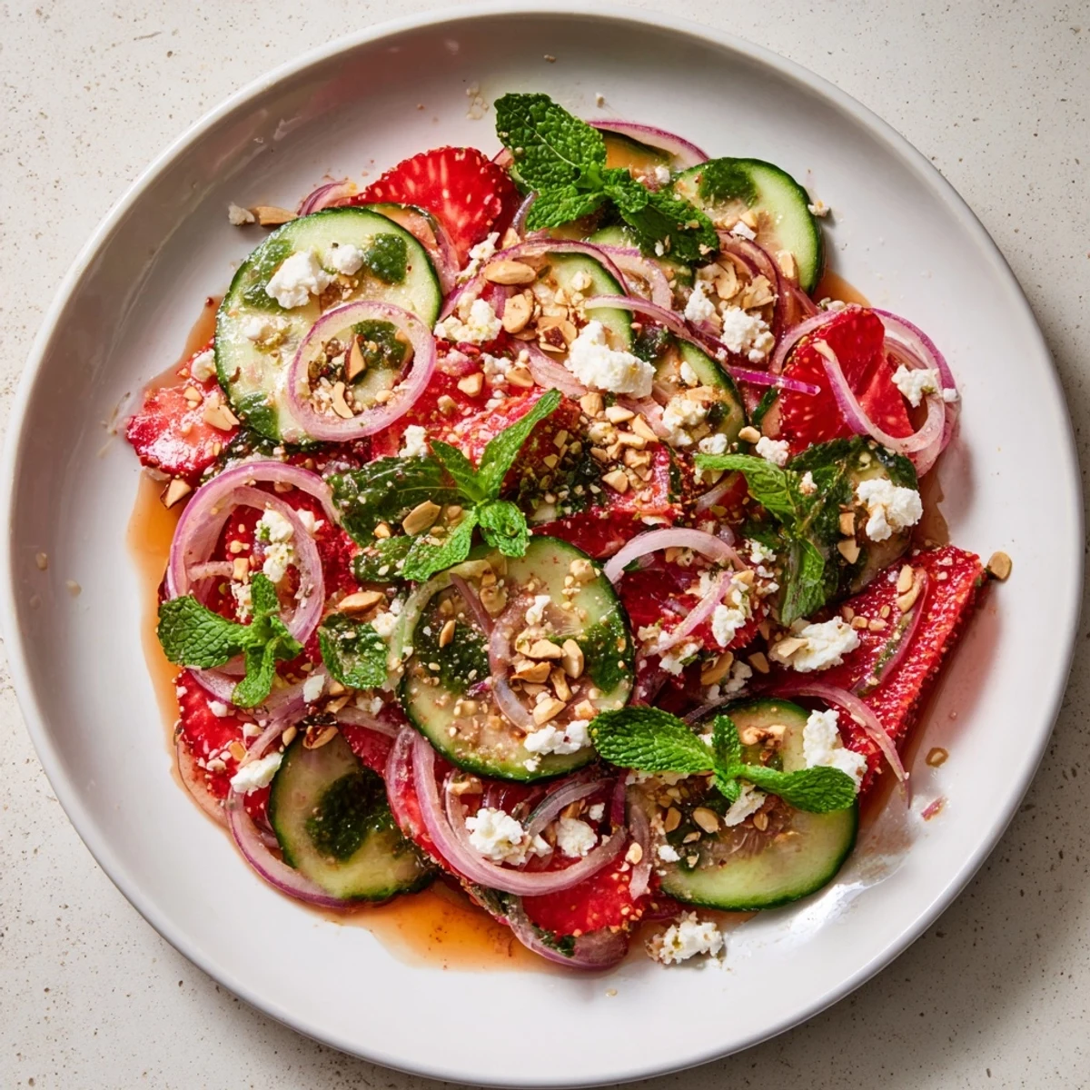 Fresh strawberry cucumber salad drizzled with citrus honey dressing and mint leaves in a white bowl