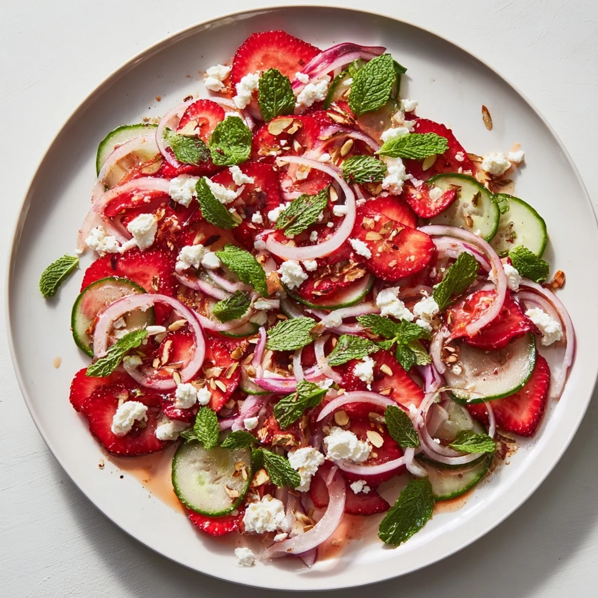 Summer strawberry cucumber salad featuring juicy red berries crisp green slices and tangy lime honey vinaigrette