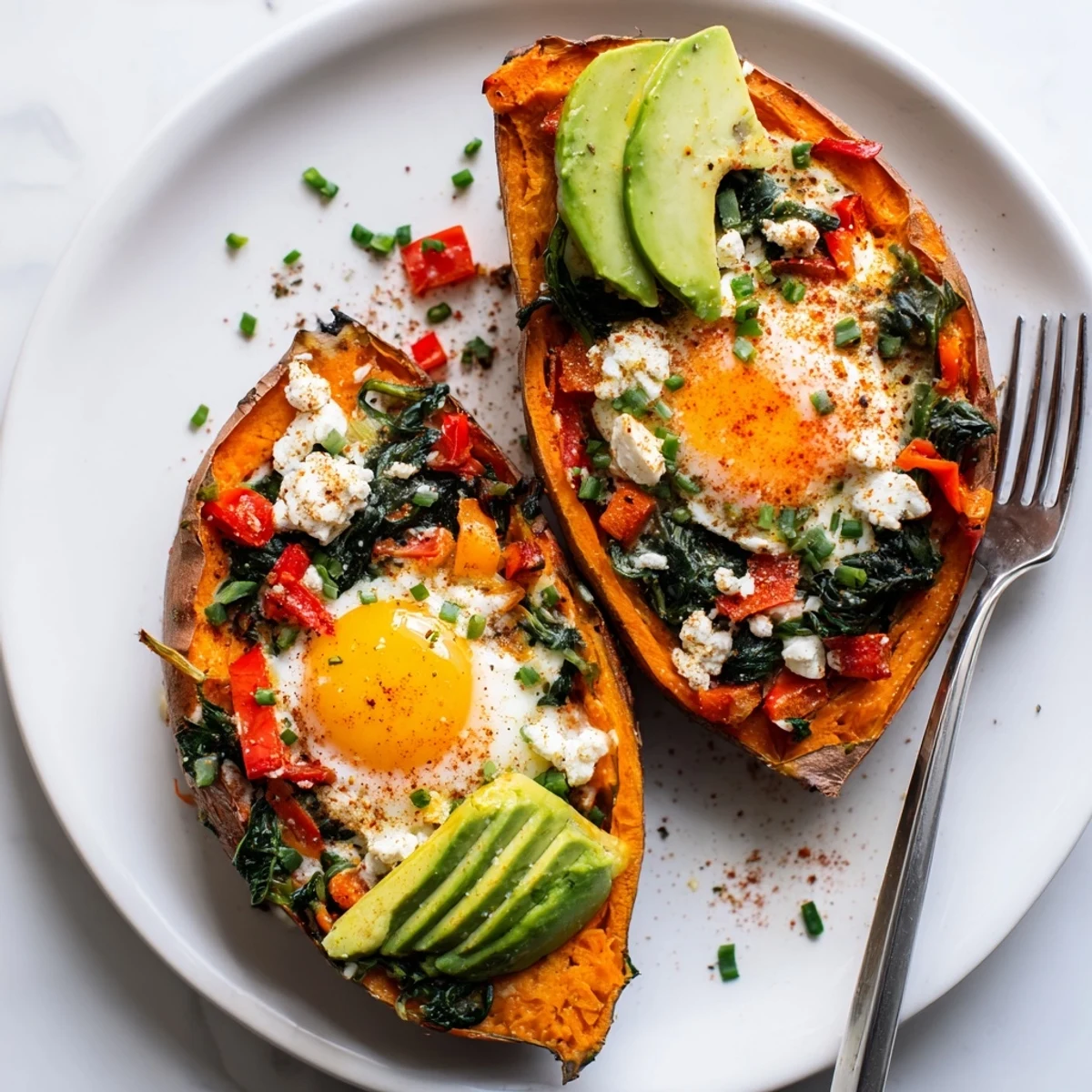 Sweet Potato Breakfast Boats with runny baked eggs, creamy avocado slices.