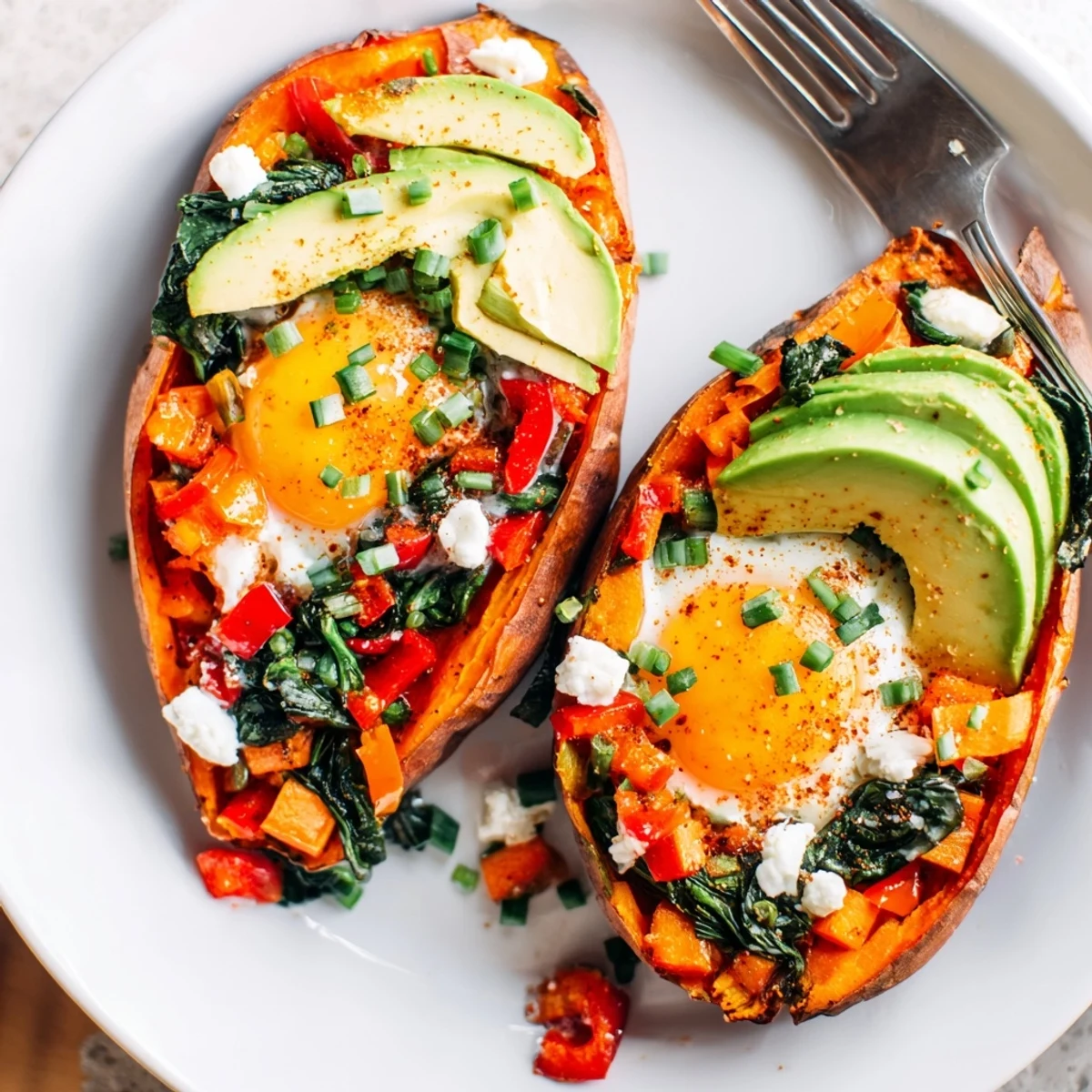 Golden Sweet Potato Breakfast Boats topped with crumbled feta and chives.
