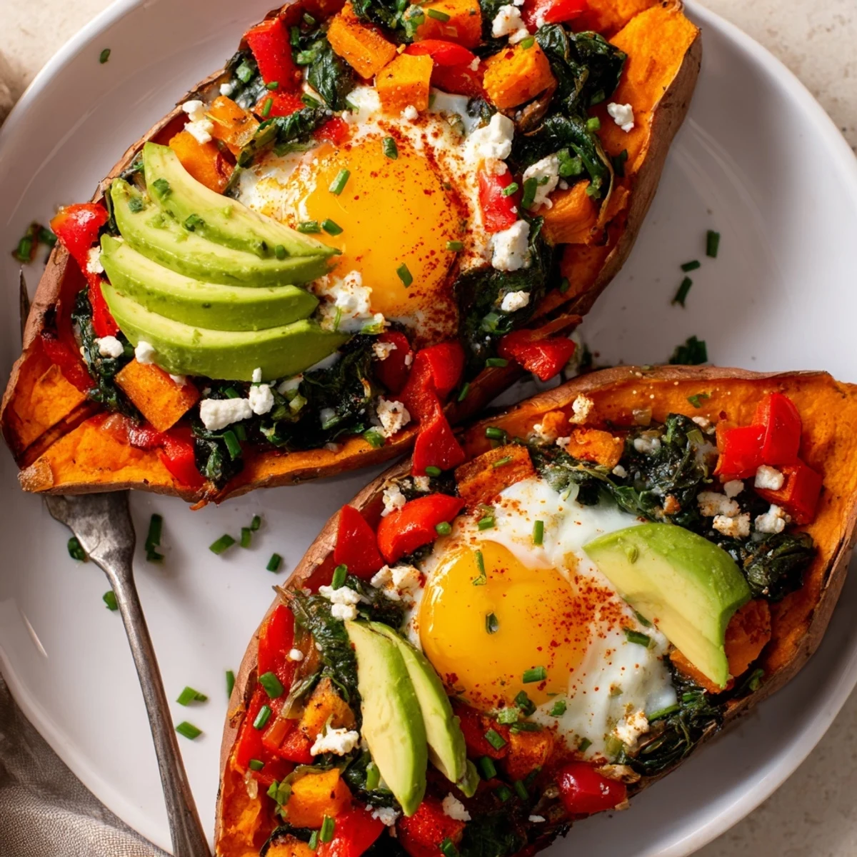 Fresh from the oven Sweet Potato Breakfast Boats with sautéed peppers, spinach.