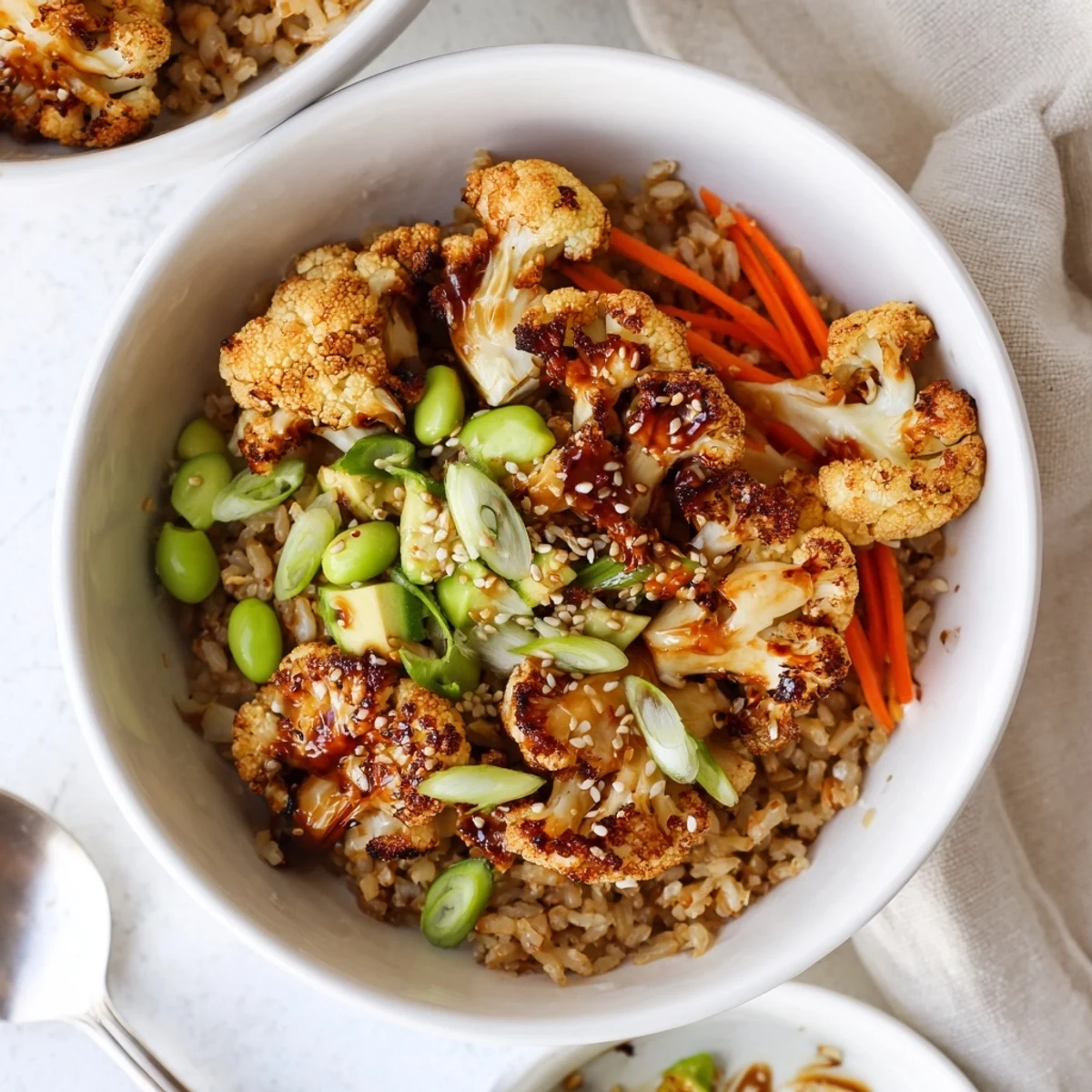 Teriyaki Cauliflower Power Bowls with glossy sauce, roasted florets, avocado slices