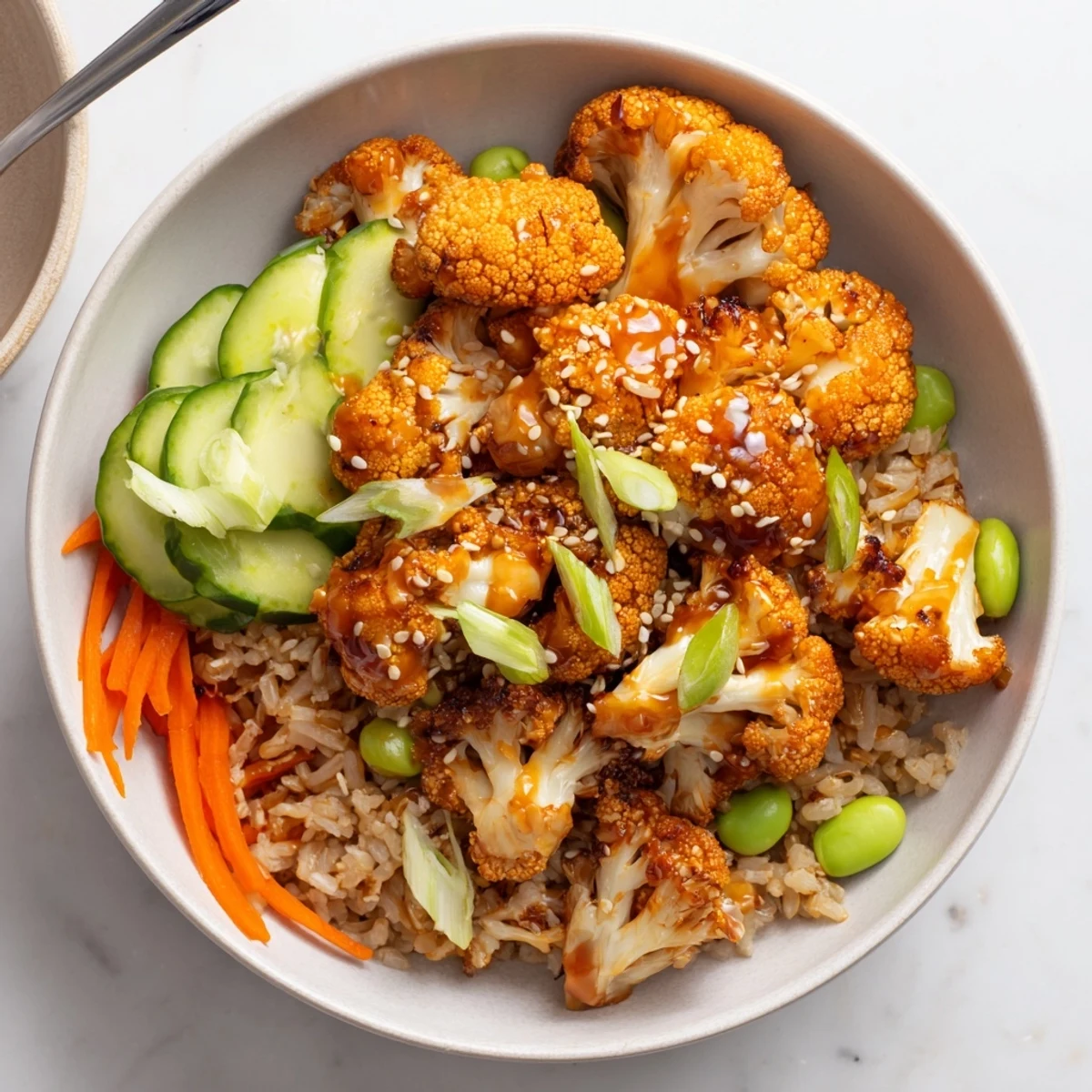 Warm Teriyaki Cauliflower Power Bowls over steaming rice, crunchy julienned carrots
