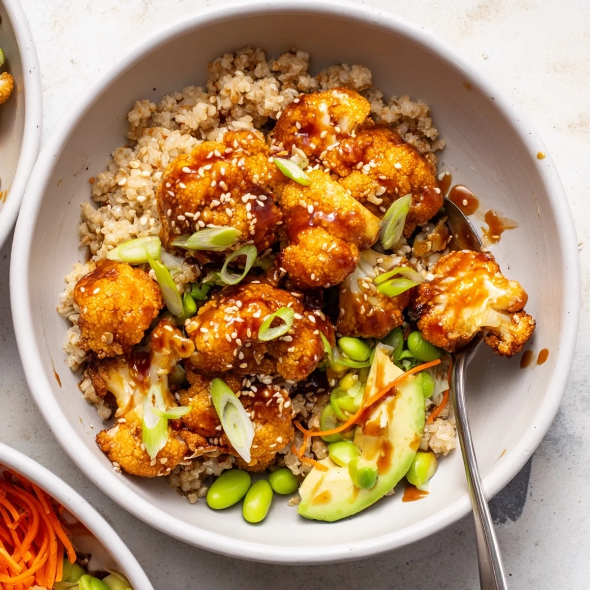 Bright Teriyaki Cauliflower Power Bowls garnished with sesame seeds and green onions