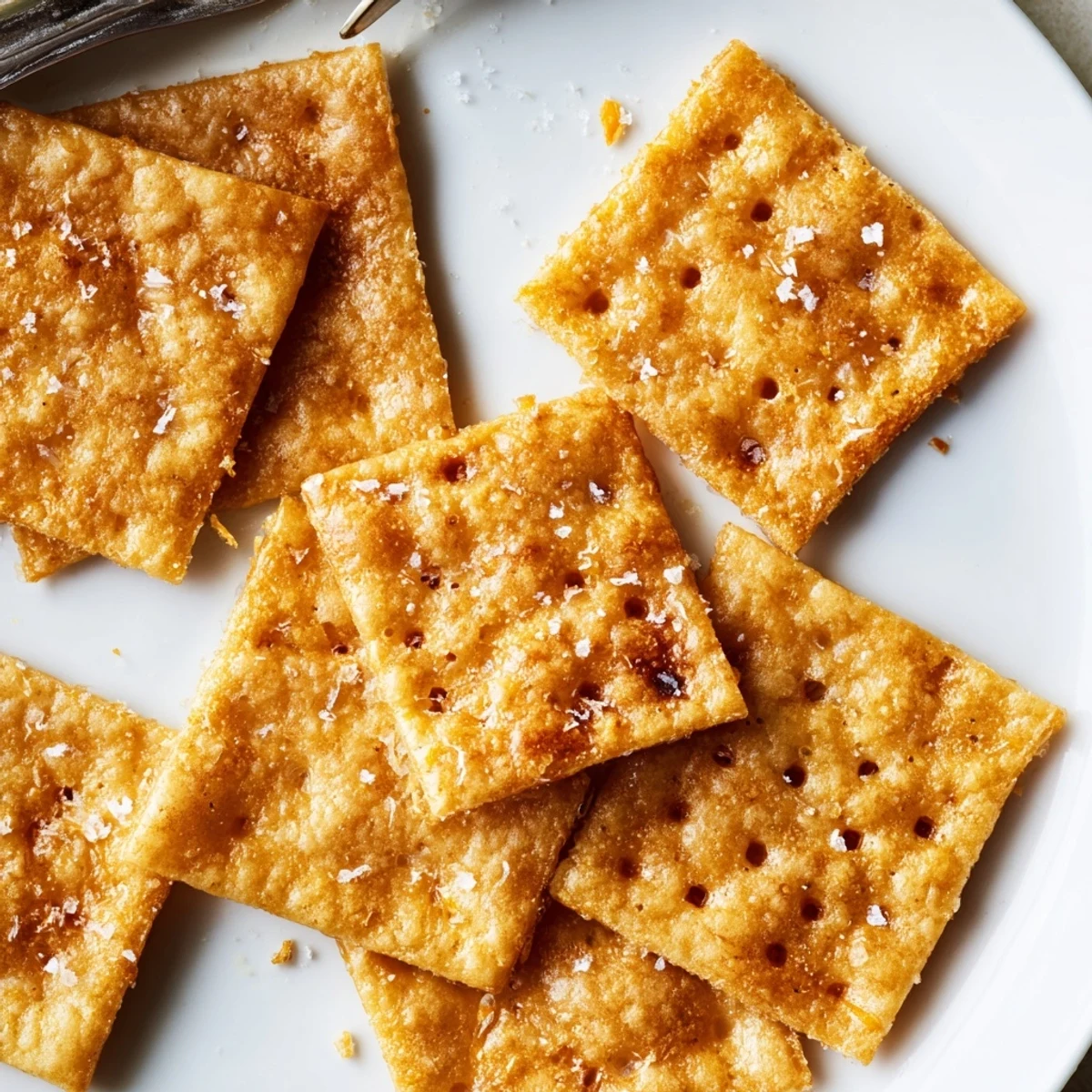 Homemade Sourdough Cheddar Snack Crackers showing flaky edges and sharp cheese aroma.
